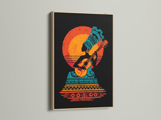 Aztec Guitar Player Art Print - Vintage Sunset Music Poster, Bohemian Wall Art, Acoustic Guitar Decor, Tribal Musician