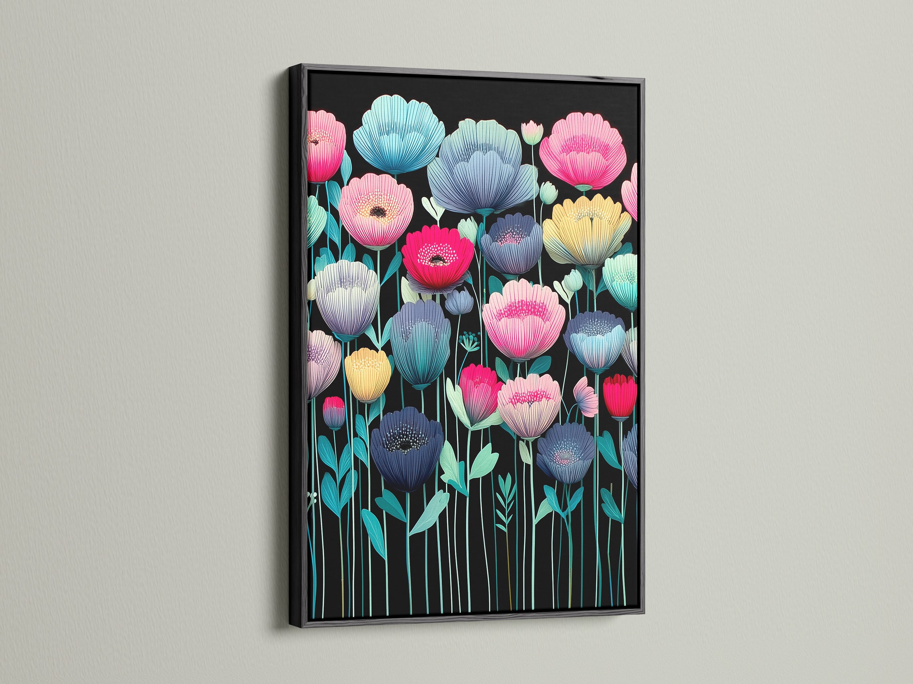 A black frame enhances this colorful flower wall art. The modern botanical artwork features a black background. Teal pink and yellow flowers add a vibrant touch. Perfect for bedroom decor or living room wall art. This floral art print makes a bold statement. Explore this modern artwork for your home. Flower prints are stunning.