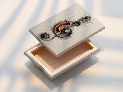 The stretched canvas print showcases the steampunk music note artwork. The mechanical gears and treble clef are prominently displayed. This industrial wall art is a perfect addition to music studios. It is a vintage drawing suitable for any space.