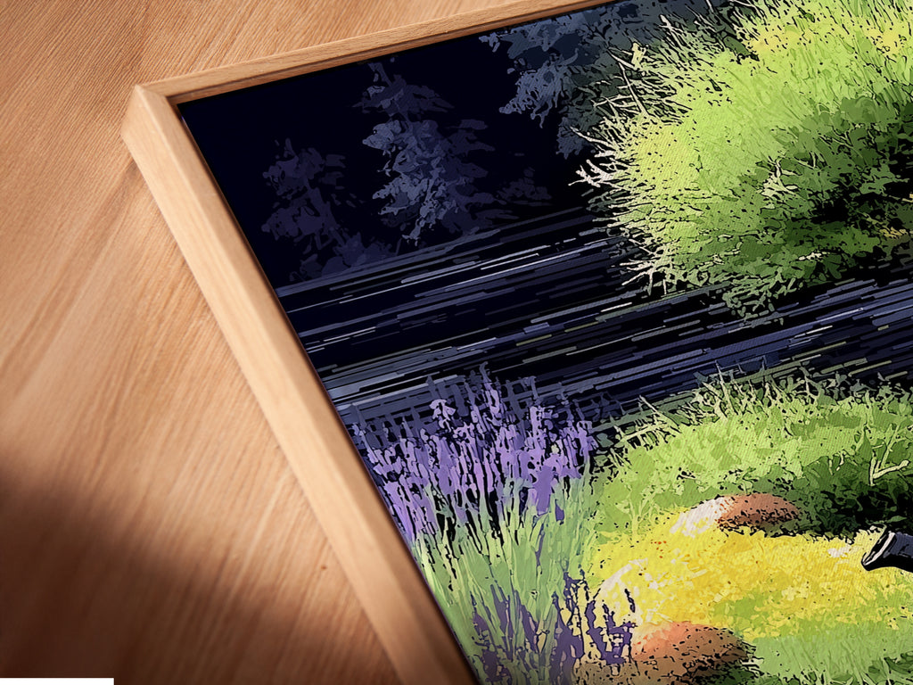 Experience the Tea Time Canvas Print up close in a floating frame. This angled view highlights the intricate details of the botanical art and still life. Perfect for adding a touch of cottagecore charm to any room. See how this garden wall decor enhances your home's aesthetic.