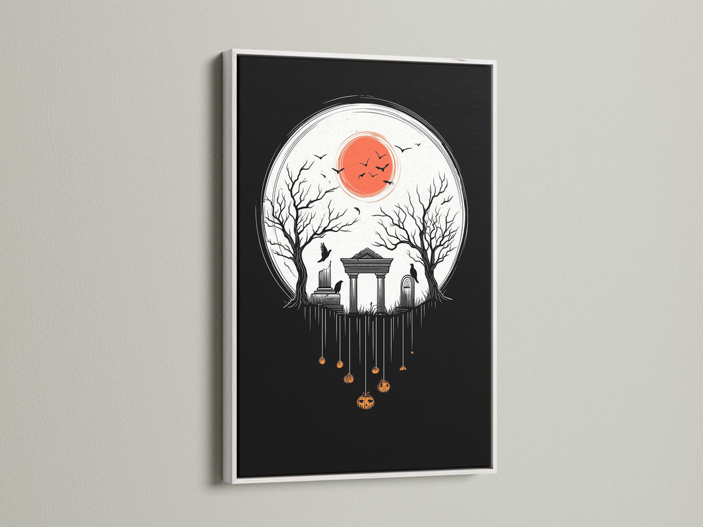 The Halloween Night canvas print is showcased in a white frame. The print adds a bright contrast to the gothic artwork. It is ideal for fall season decor and brings a creepy touch. It is a great gift for Halloween.