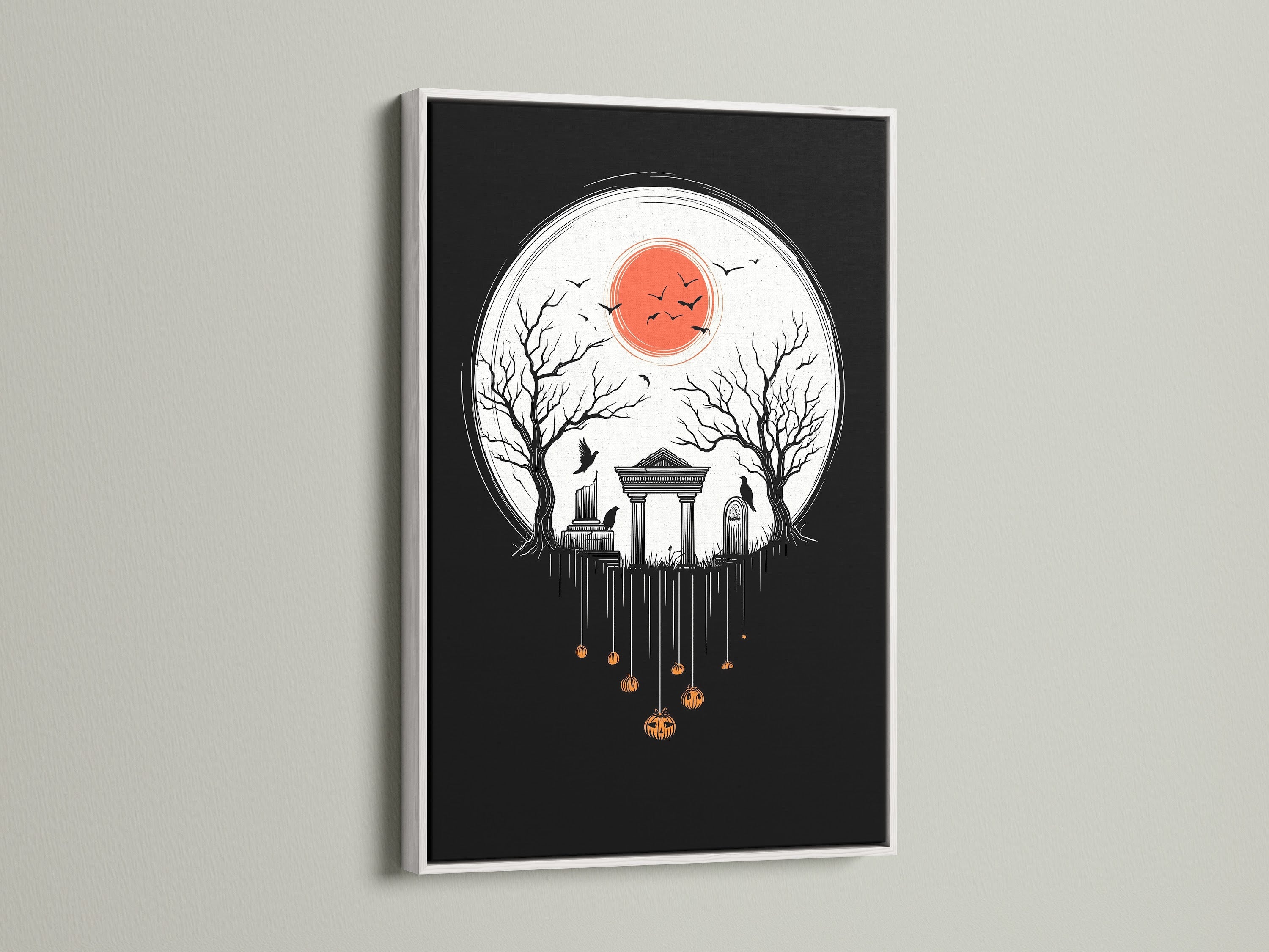 The Halloween Night canvas print is showcased in a white frame. The print adds a bright contrast to the gothic artwork. It is ideal for fall season decor and brings a creepy touch. It is a great gift for Halloween.