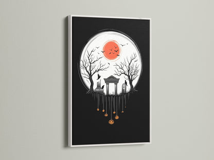 The Halloween Night canvas print is showcased in a white frame. The print adds a bright contrast to the gothic artwork. It is ideal for fall season decor and brings a creepy touch. It is a great gift for Halloween.