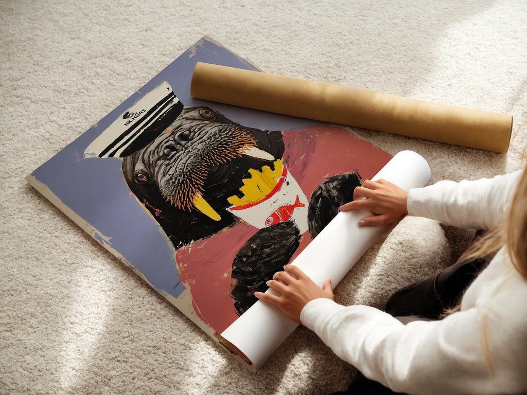 A woman is carefully rolling a fine art poster paper. This premium paper ensures your walrus art print looks its best. Perfect for creating high quality animal captain artwork. Ideal for displaying quirky wall art in your home. Get ready to showcase your new sailor wall decor.