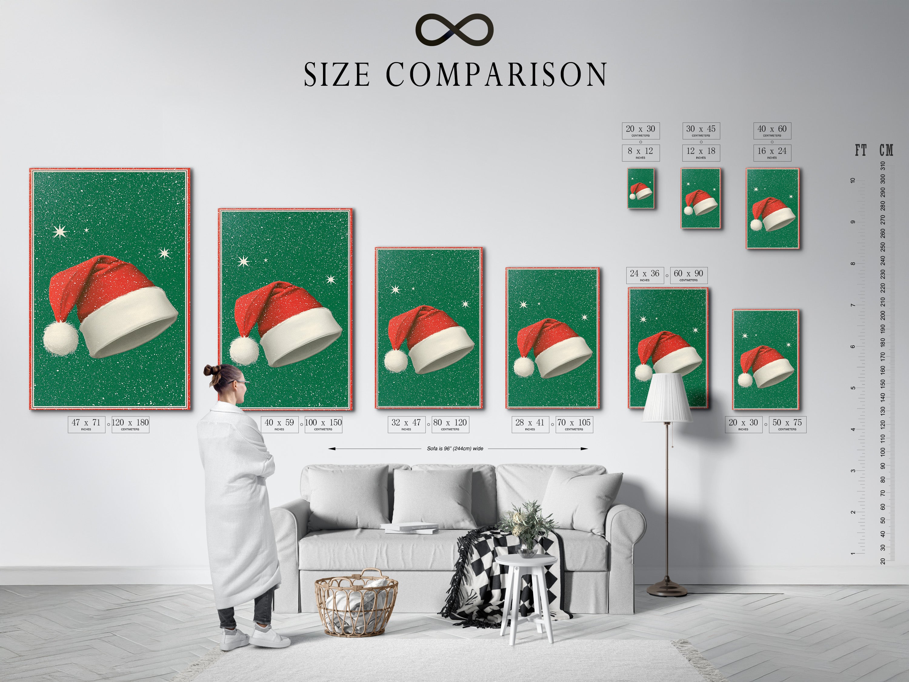 A size comparison chart is presented in an interior setting. The chart helps visualize artwork dimensions. See how different sizes transform a space. Choose the perfect dimensions for your artwork. Understand the impact of scale.