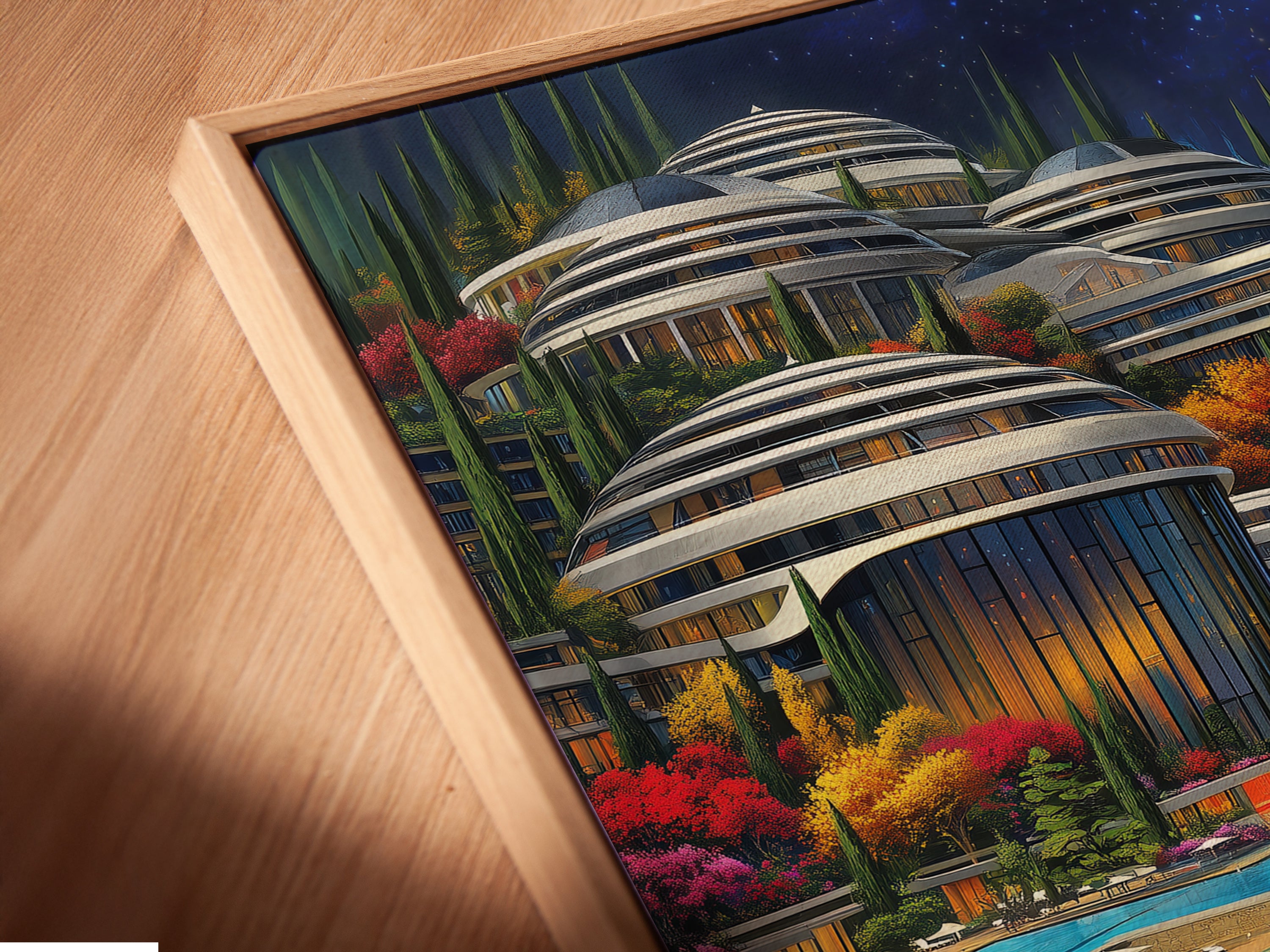 A close up angled view reveals a canvas print of Futuristic Architecture in a floating frame. The turquoise ocean and modern cityscape artwork create depth and dimension. This contemporary piece enhances any space. It is perfect for those seeking refined wall decor.