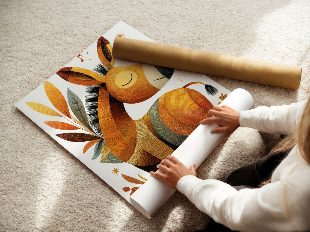 A woman is carefully rolling a fine art poster paper. The poster paper is of high quality. It ensures vibrant colors and sharp details. Fine art posters are a versatile decorating option. Perfect for any space explore the options.