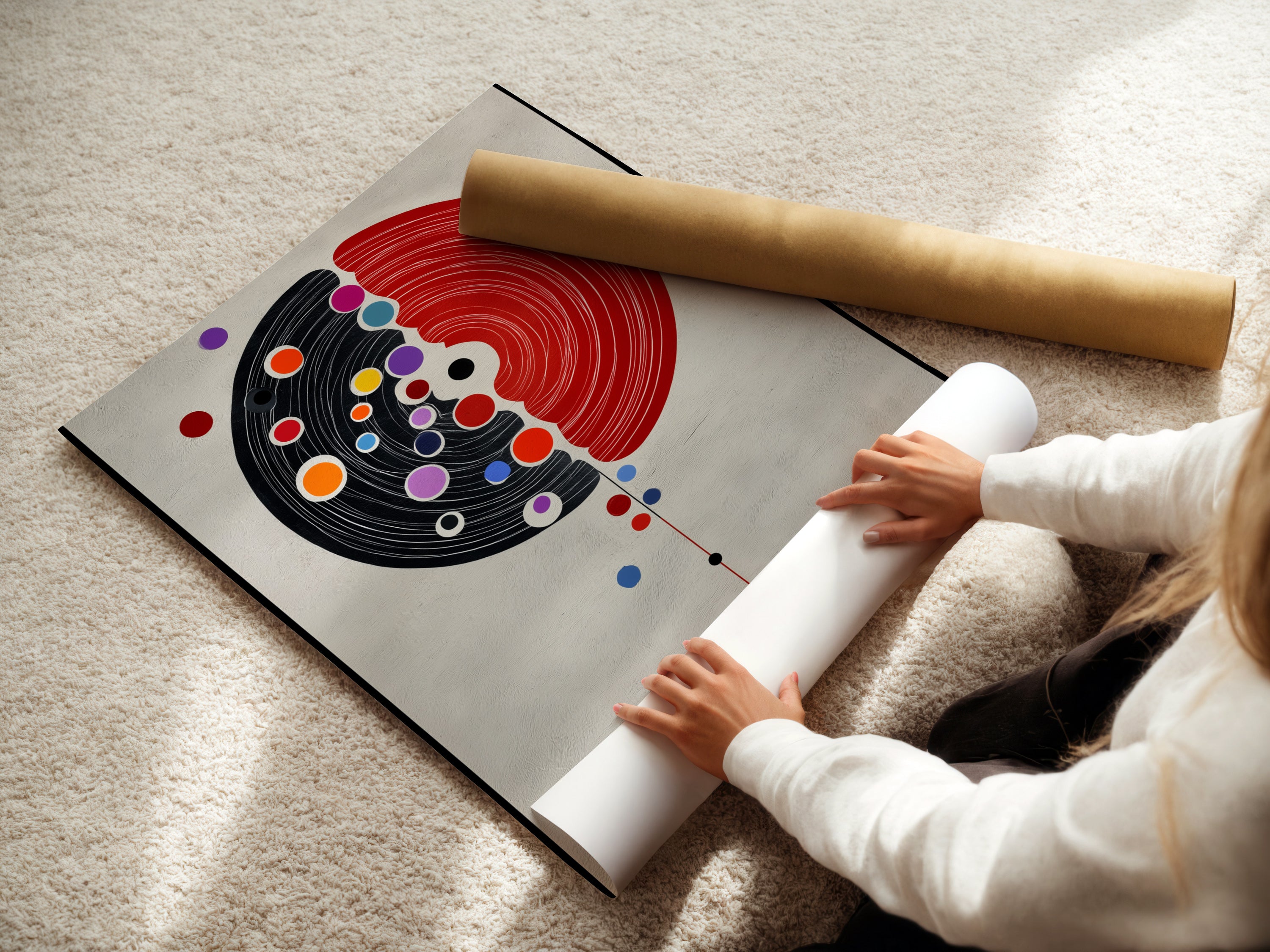 A woman is carefully rolling a fine art poster paper print. This highlights the care and attention to detail. The Abstract Tree Artwork is available as a fine art poster. Perfect for adding a touch of modern style to your walls.