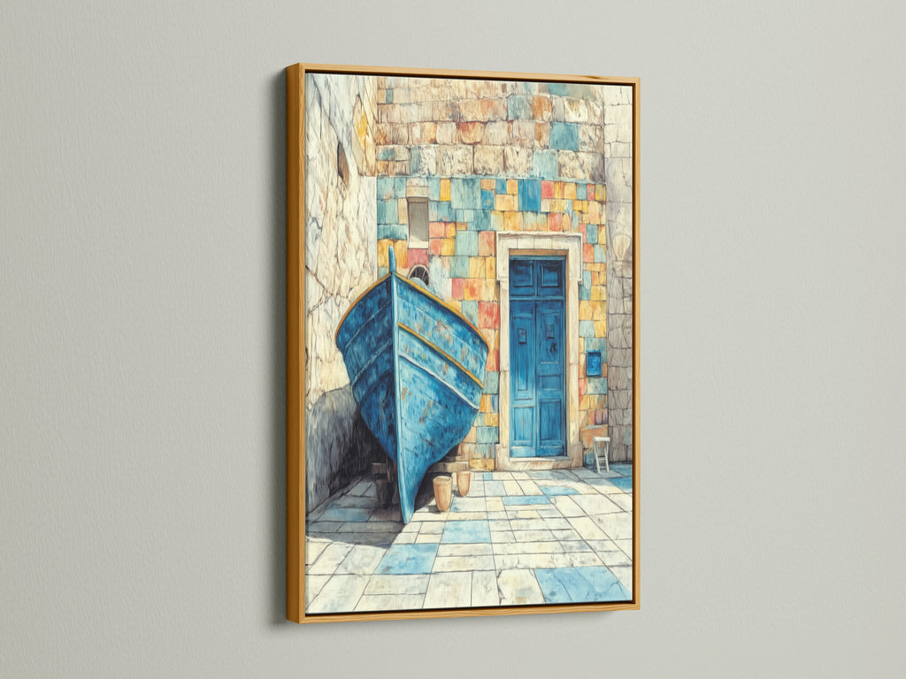 A gold frame adds elegance to this Coastal Boat Canvas Print. This Mediterranean wall art includes a turquoise blue boat. Nautical decor brings a touch of seaside charm. The azure blue print brightens any space.
