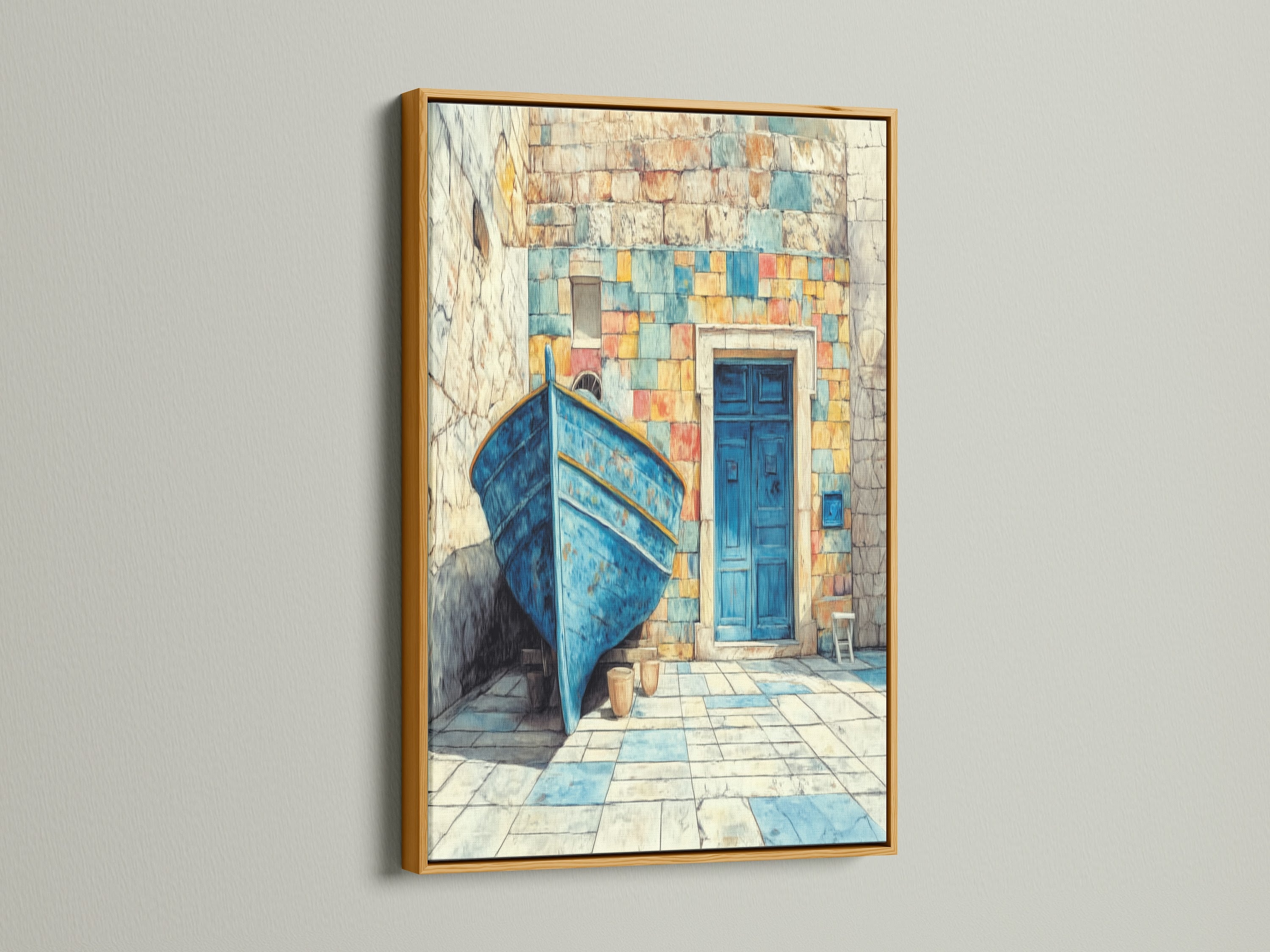 A gold frame adds elegance to this Coastal Boat Canvas Print. This Mediterranean wall art includes a turquoise blue boat. Nautical decor brings a touch of seaside charm. The azure blue print brightens any space.