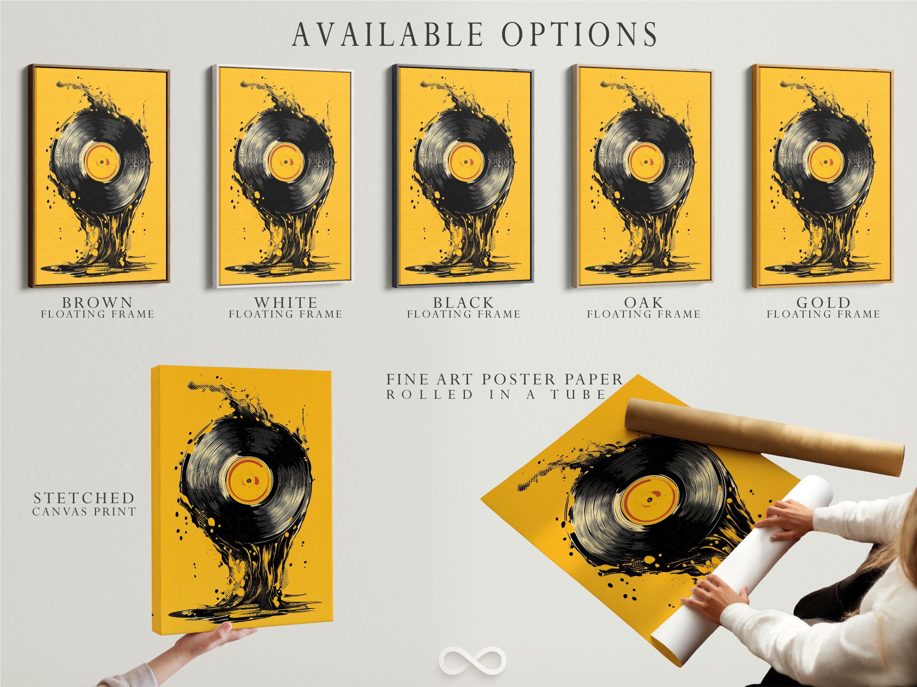 This showcases available options for artwork. Choose from a stretched canvas print fine art poster paper or a floating frame. Select the perfect format to match your style and preferences. Explore our options to create your vision.