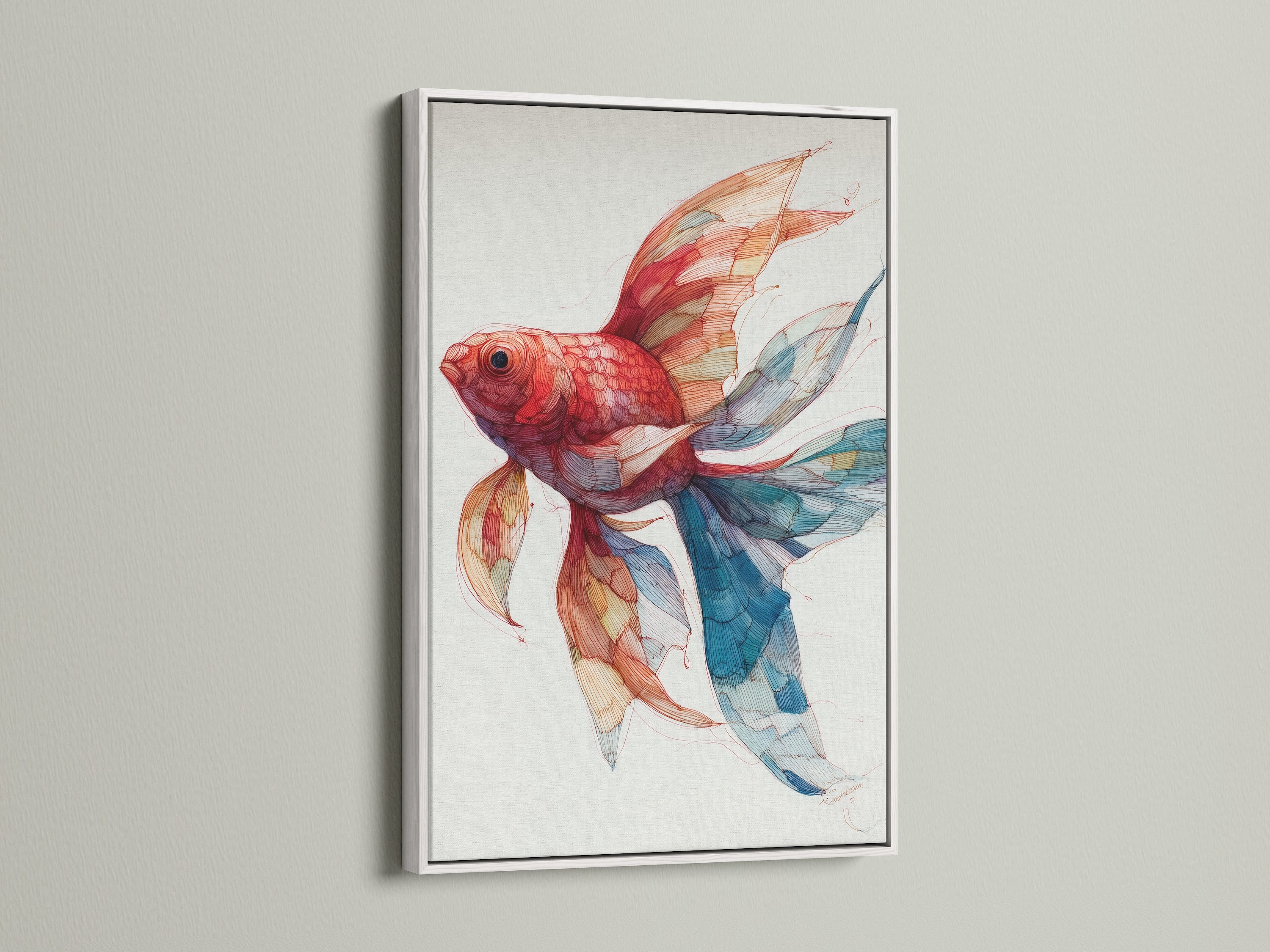 The artwork of a goldfish is displayed within a white frame. The bright white frame creates a clean and modern aesthetic. This versatile frame highlights the artwork. It is a perfect choice for any contemporary space. The minimalist frame allows the art to take center stage. Explore our collection of white frames to find the perfect backdrop for your cherished pieces. It will be a great addition to your home.