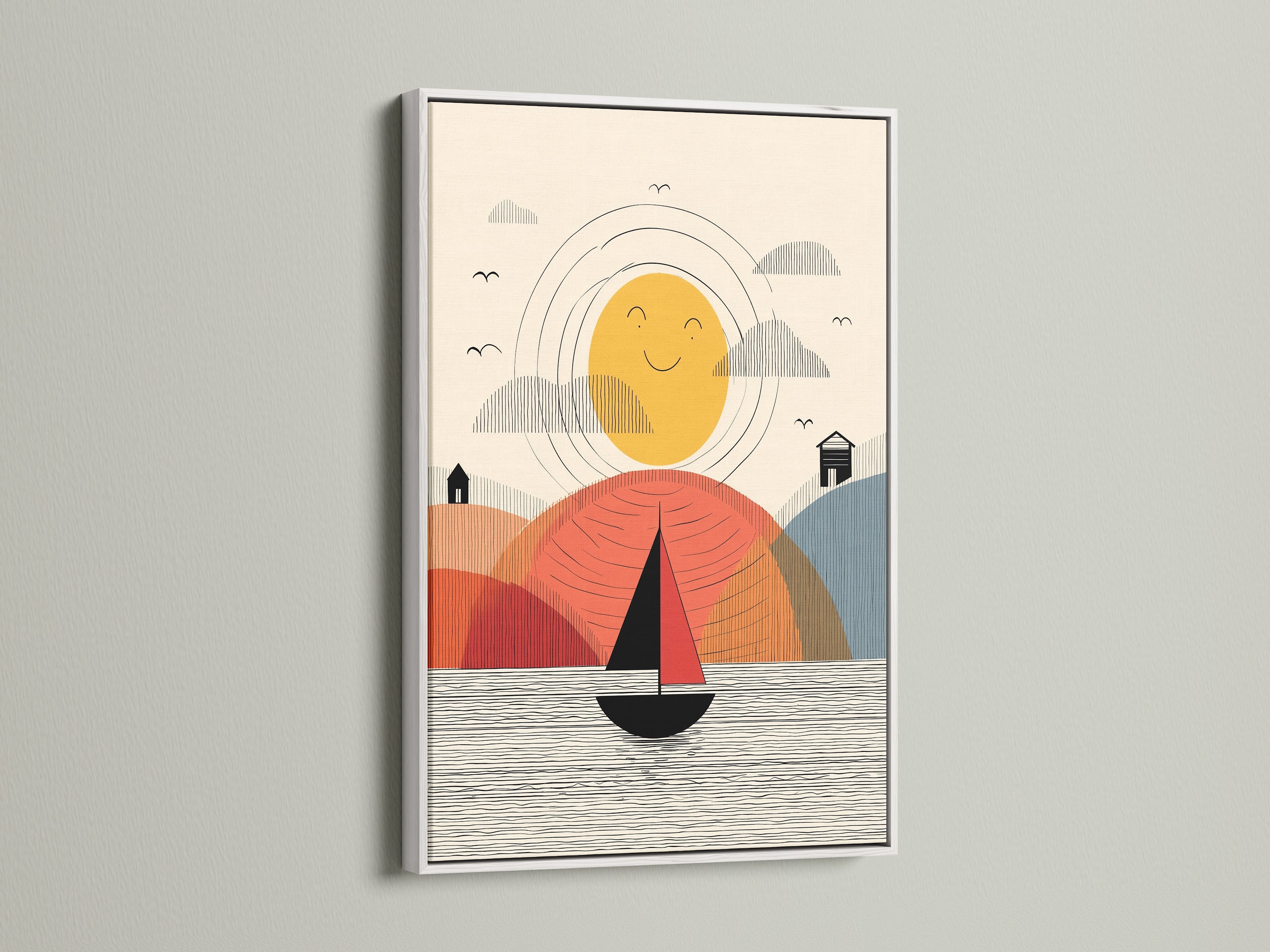 Abstract Sailboat Artwork in White Frame. This nautical wall art adds a clean touch to any room. The white frame complements the modern artwork. It's great for nurseries or beach houses. This is fine art.