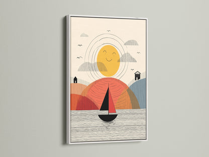 Abstract Sailboat Artwork in White Frame. This nautical wall art adds a clean touch to any room. The white frame complements the modern artwork. It's great for nurseries or beach houses. This is fine art.