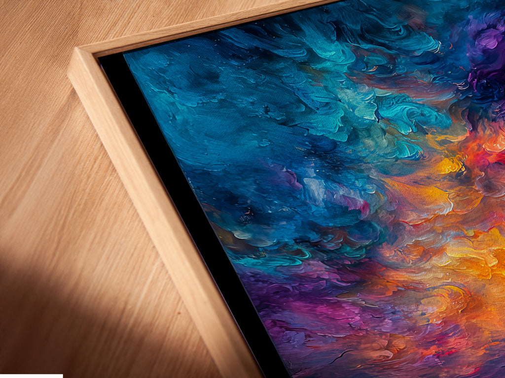 Close-up of a Varanasi River Ghats canvas print in a floating frame. This spiritual India artwork adds elegance to any room. The Ganges sunset painting brings serenity. Perfect for meditation decor or as a unique wall art statement.