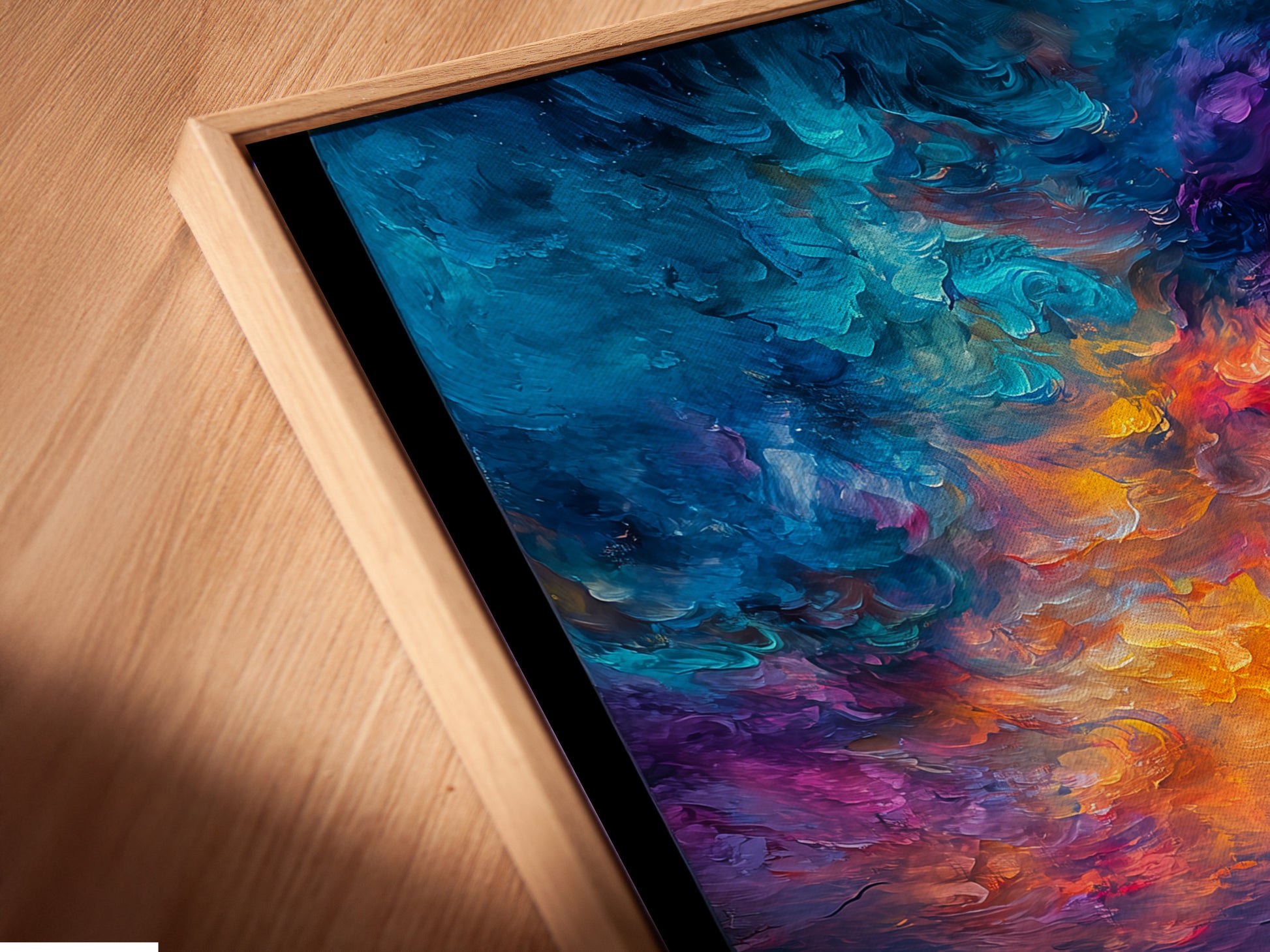Close-up of a Varanasi River Ghats canvas print in a floating frame. This spiritual India artwork adds elegance to any room. The Ganges sunset painting brings serenity. Perfect for meditation decor or as a unique wall art statement.