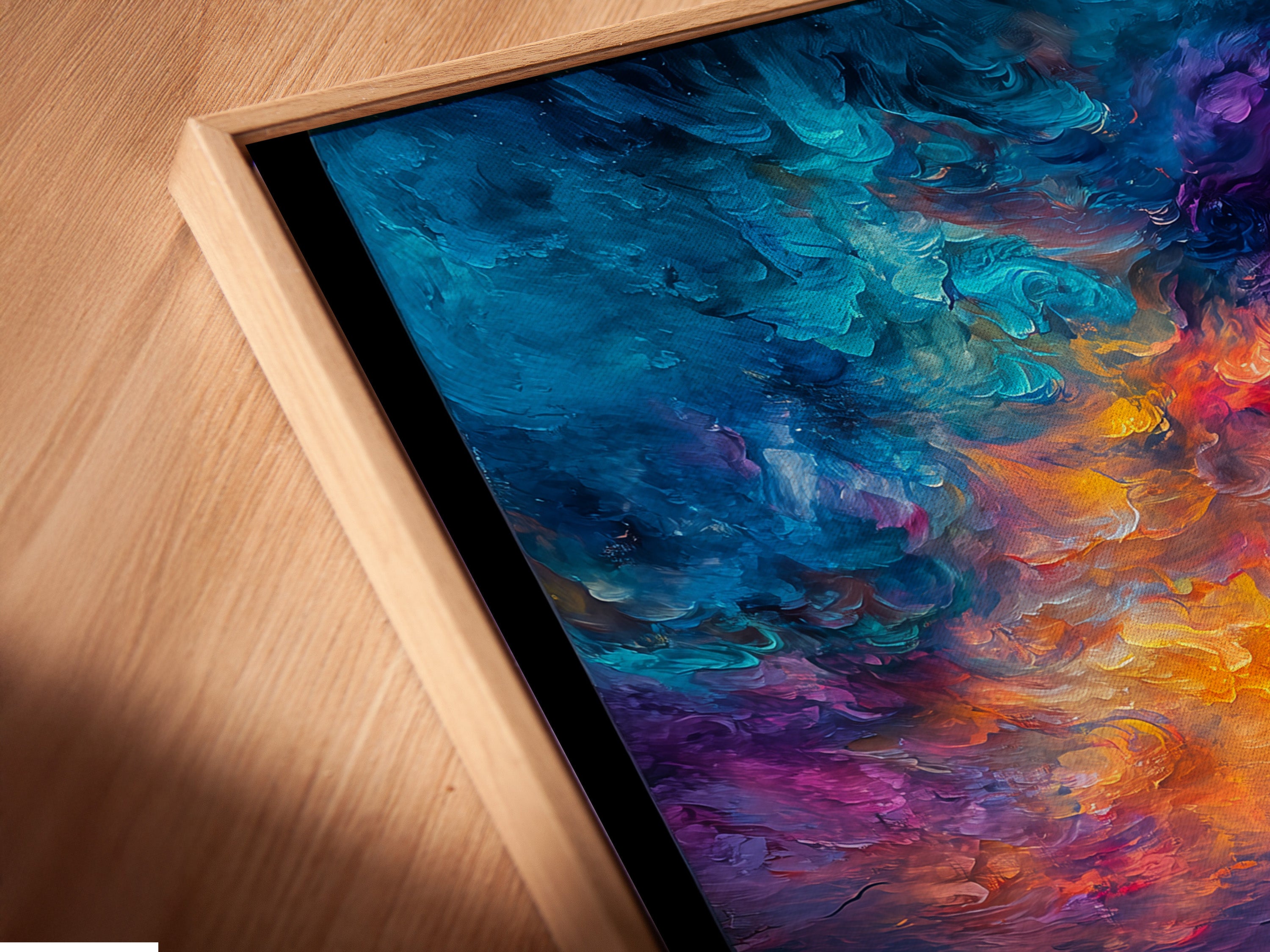 Close-up of a Varanasi River Ghats canvas print in a floating frame. This spiritual India artwork adds elegance to any room. The Ganges sunset painting brings serenity. Perfect for meditation decor or as a unique wall art statement.