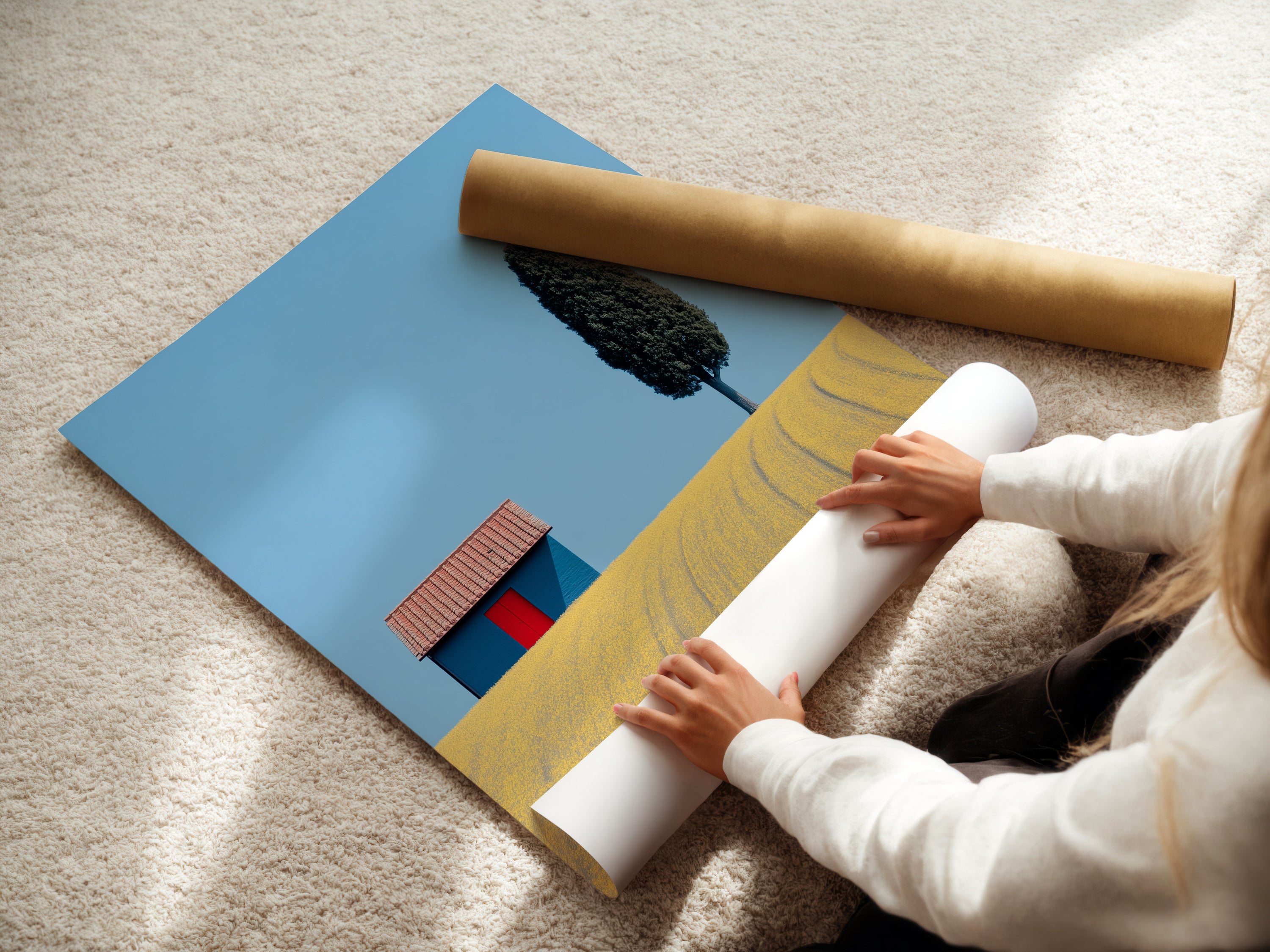 A woman carefully rolls a fine art poster paper. The paper features a tuscany landscape. This ensures the artwork is preserved in pristine condition. Perfect for those who appreciate fine art and attention to detail.