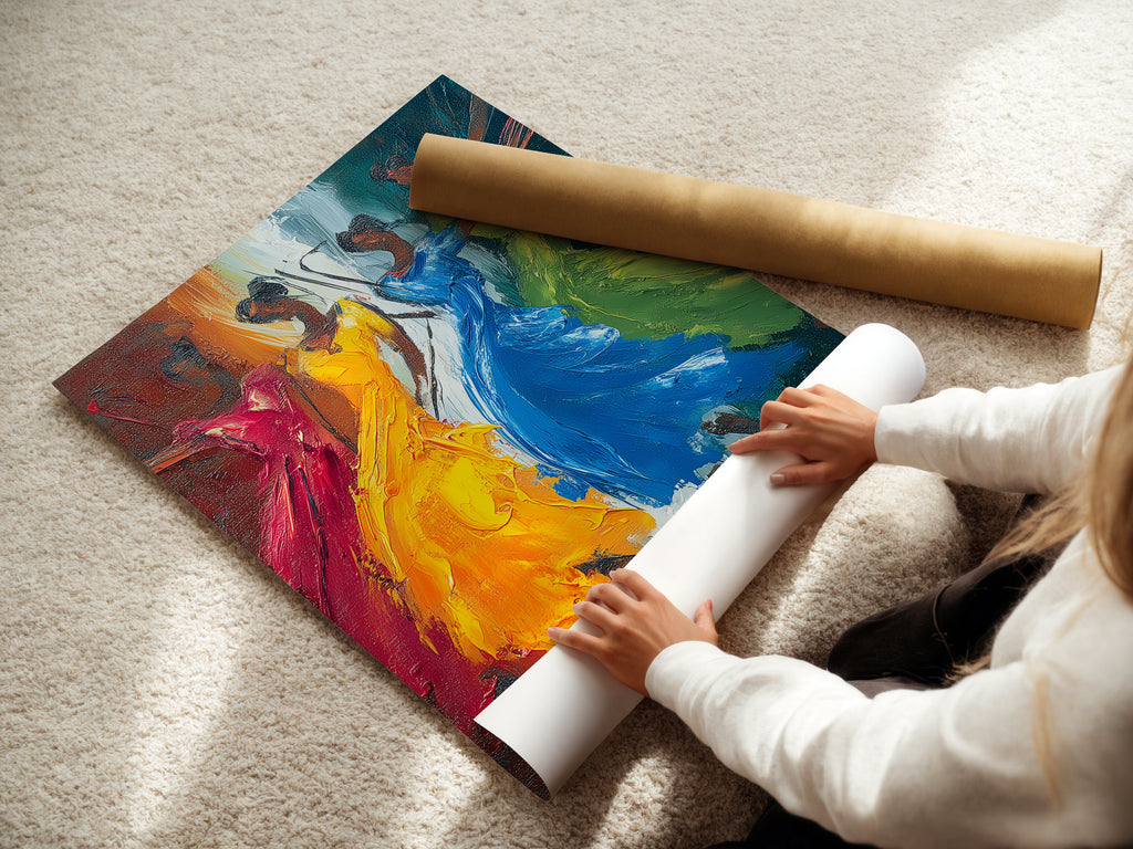 A woman carefully rolling a fine art poster paper print of the Dancing Figures artwork. This colorful abstract artwork is perfect for adding vibrant movement to your space. Transform your bedroom decor today.