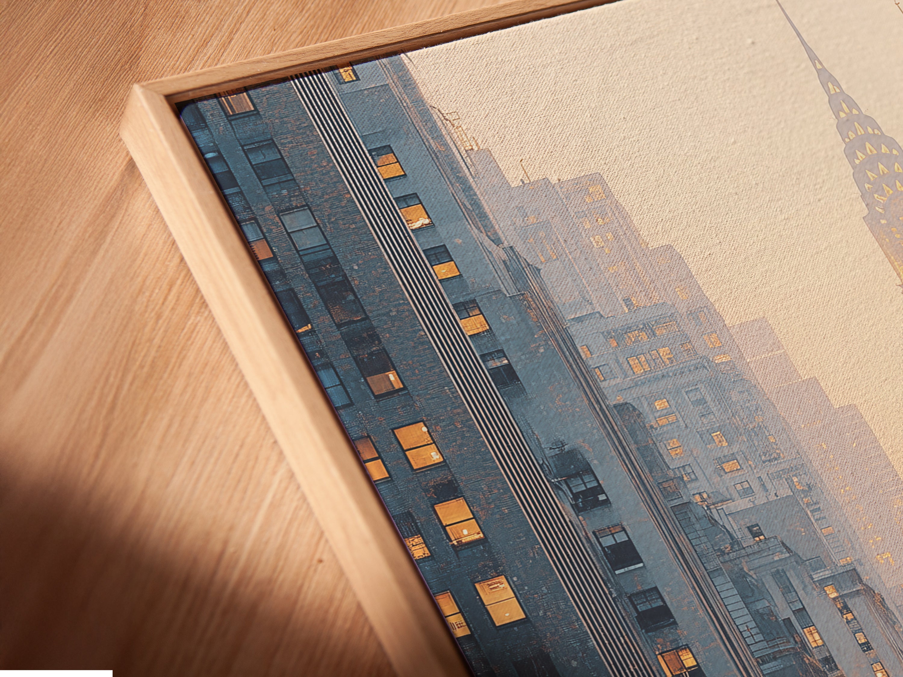 A close-up angled view reveals a canvas print in a floating frame. The city street artwork captures the golden hour beautifully. Ideal for modern urban home decor. A perfect fit for contemporary spaces.
