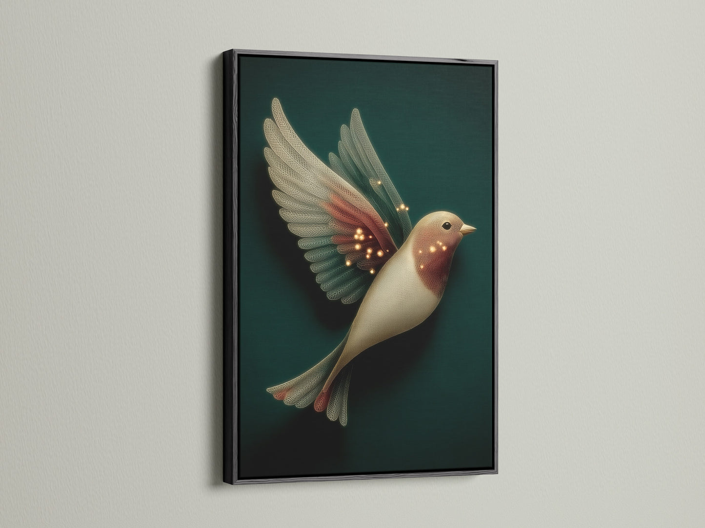 Elegant bird artwork presented in a black frame. This fantasy wall art features neutral tones perfect for office wall art. Whimsical artwork adds magic to any space. The black frame enhances this bird lover gift.
