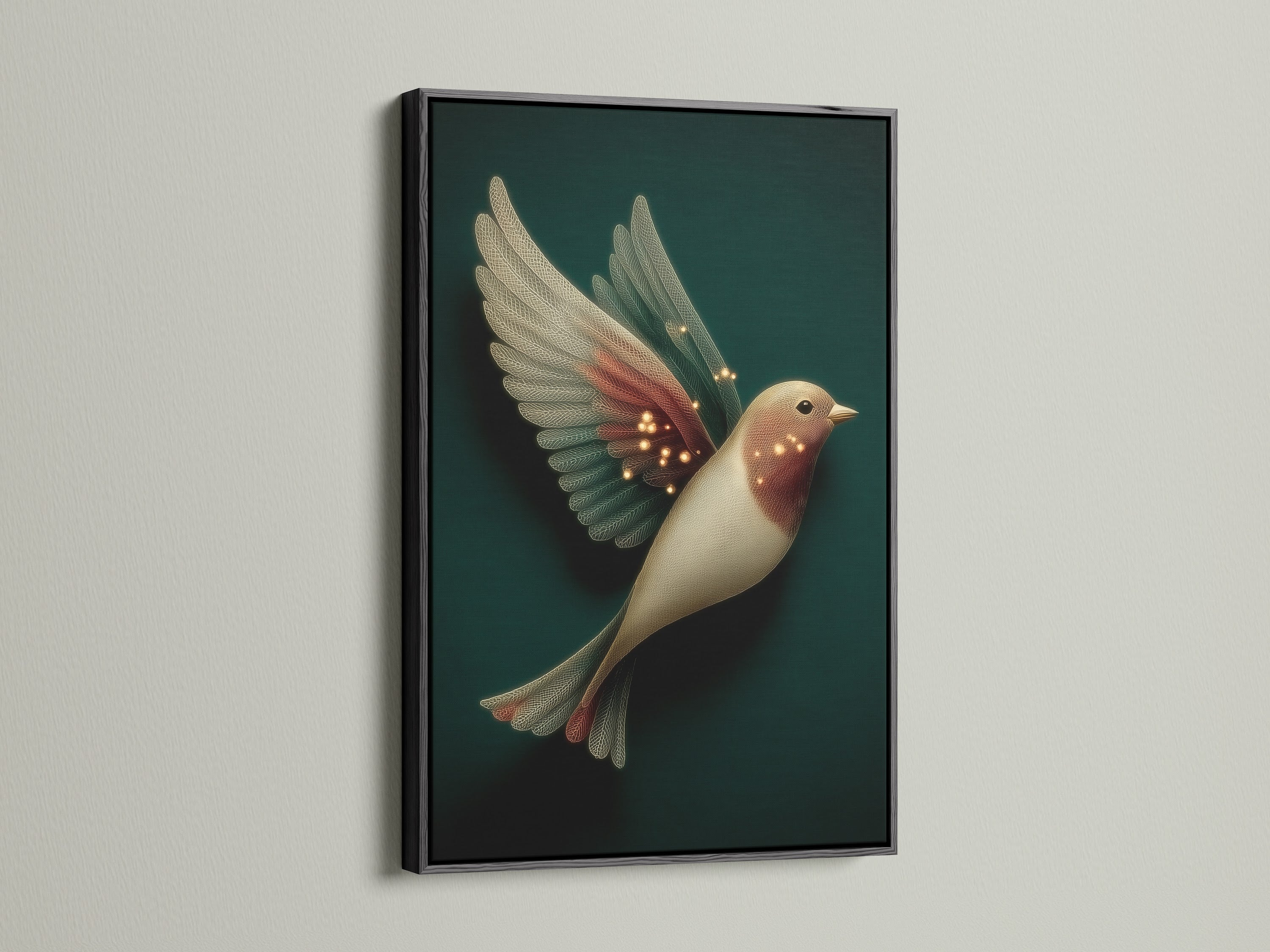 Elegant bird artwork presented in a black frame. This fantasy wall art features neutral tones perfect for office wall art. Whimsical artwork adds magic to any space. The black frame enhances this bird lover gift.