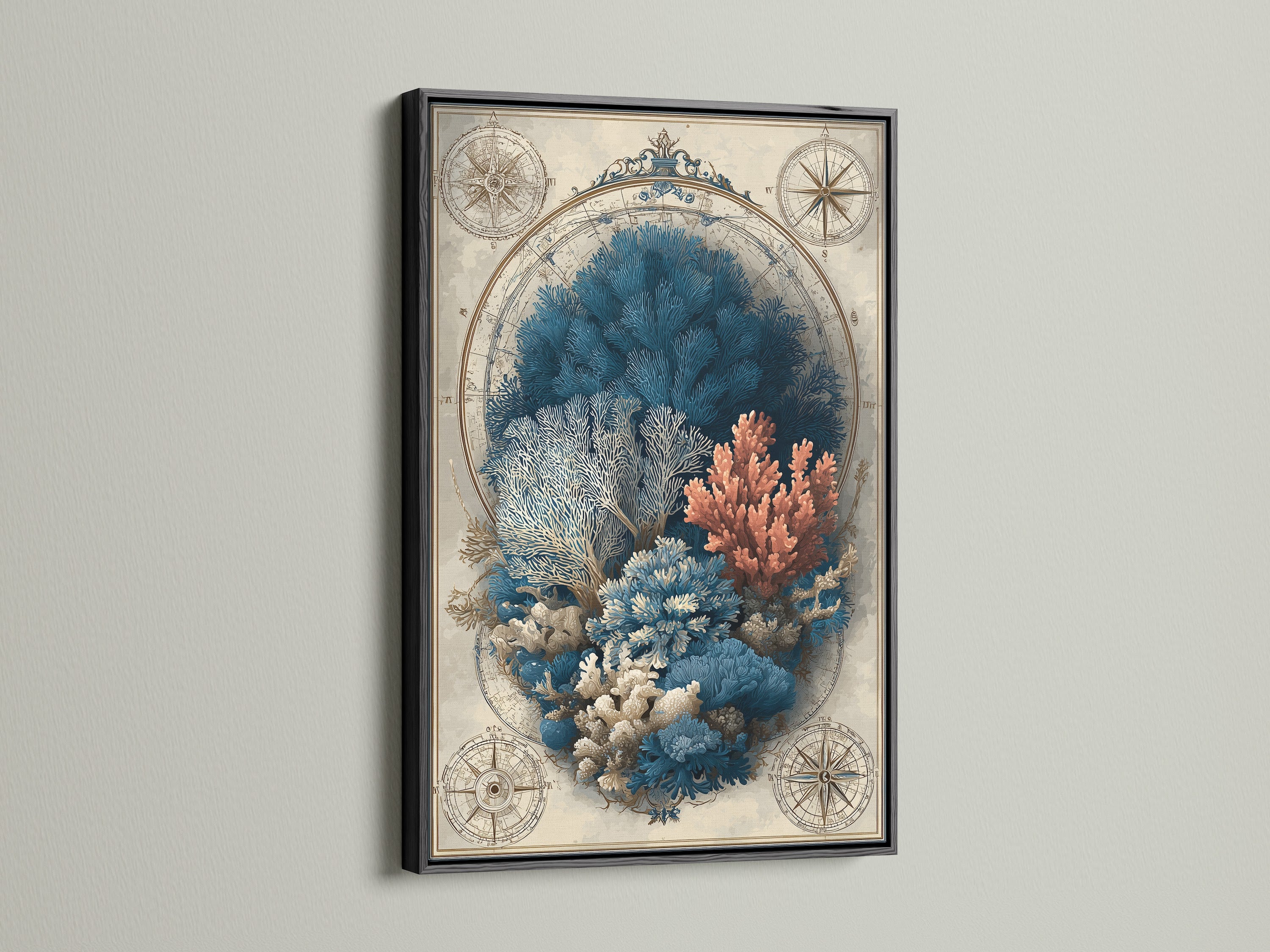 A striking artwork is presented in a black frame. This artwork features nautical motifs. Coral and compass details are highlighted against a vintage backdrop. The black frame adds sophistication. This art piece is perfect for a contemporary space. A beautiful wall art.