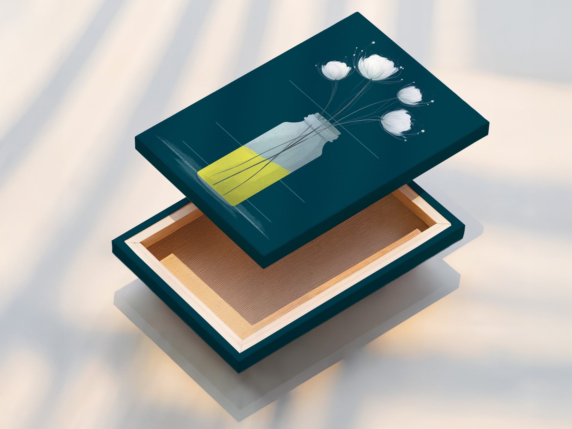 A stretched canvas print featuring a teal and yellow floral artwork. The white flower canvas print adds a touch of elegance. Perfect for botanical print lovers. Enhance your living space with this modern art print.