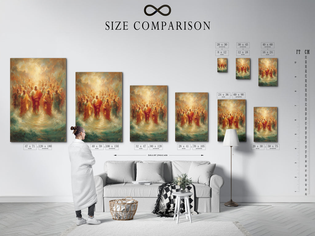 A size comparison chart is displayed in an interior setting. The chart showcases various sizes of religious artwork featuring Jesus Christ with Apostles. Find the perfect dimensions for your space. Available in stretched canvas print fine art poster paper and floating frame.