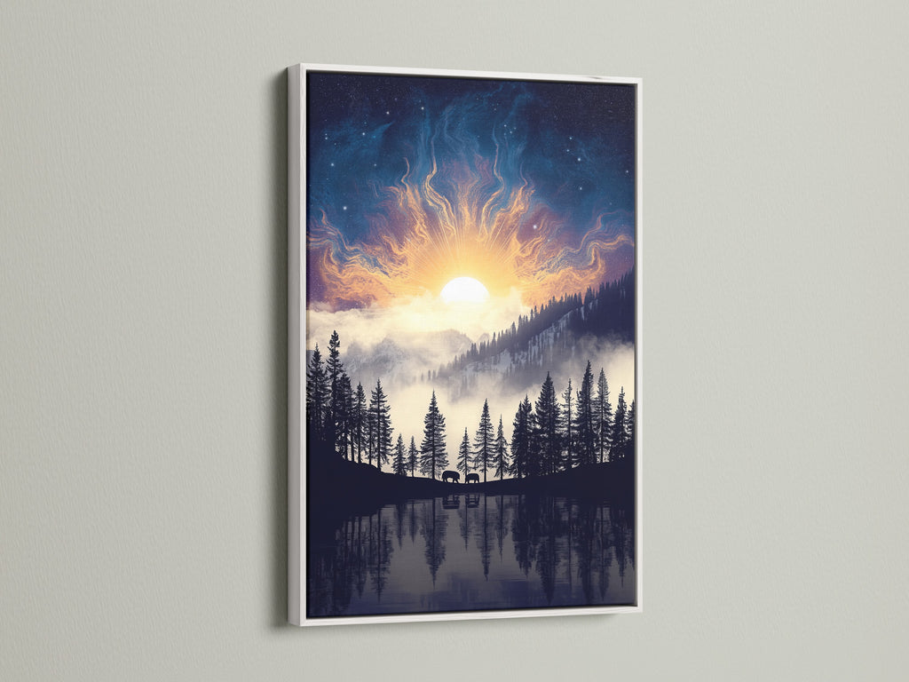 Mountain Lake artwork with a white frame displays nature's beauty. The nature print features a tranquil lake and celestial sky. This modern nature artwork complements any room. This forest canvas offers a serene bedroom decor option.