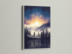 Mountain Lake artwork with a white frame displays nature's beauty. The nature print features a tranquil lake and celestial sky. This modern nature artwork complements any room. This forest canvas offers a serene bedroom decor option.