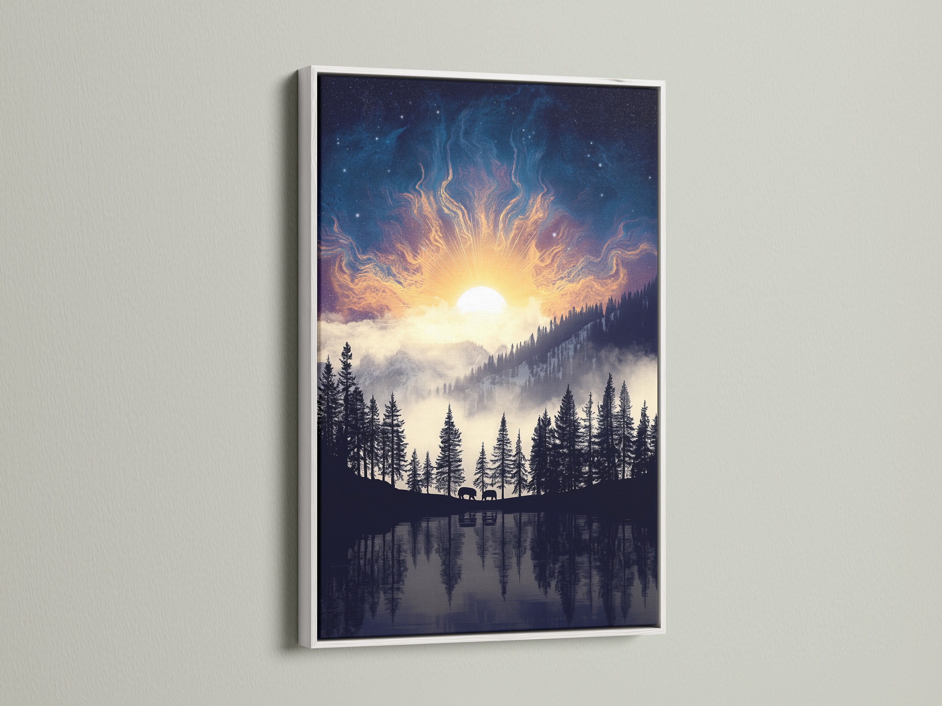 Mountain Lake artwork with a white frame displays nature's beauty. The nature print features a tranquil lake and celestial sky. This modern nature artwork complements any room. This forest canvas offers a serene bedroom decor option.