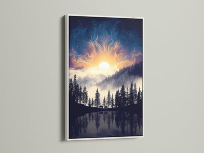 Mountain Lake artwork with a white frame displays nature's beauty. The nature print features a tranquil lake and celestial sky. This modern nature artwork complements any room. This forest canvas offers a serene bedroom decor option.