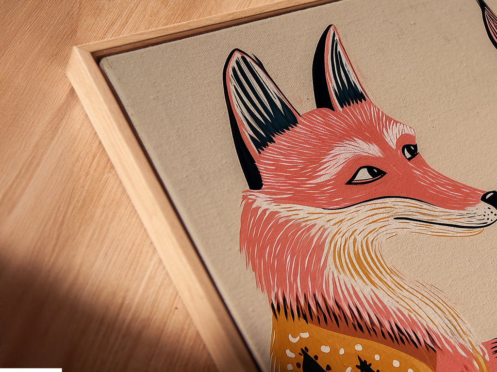 A close-up angled view of the canvas print in a floating frame. The fox chess game artwork is highlighted. This modern framing style enhances the artwork's visual appeal. It adds depth to your wall decor.