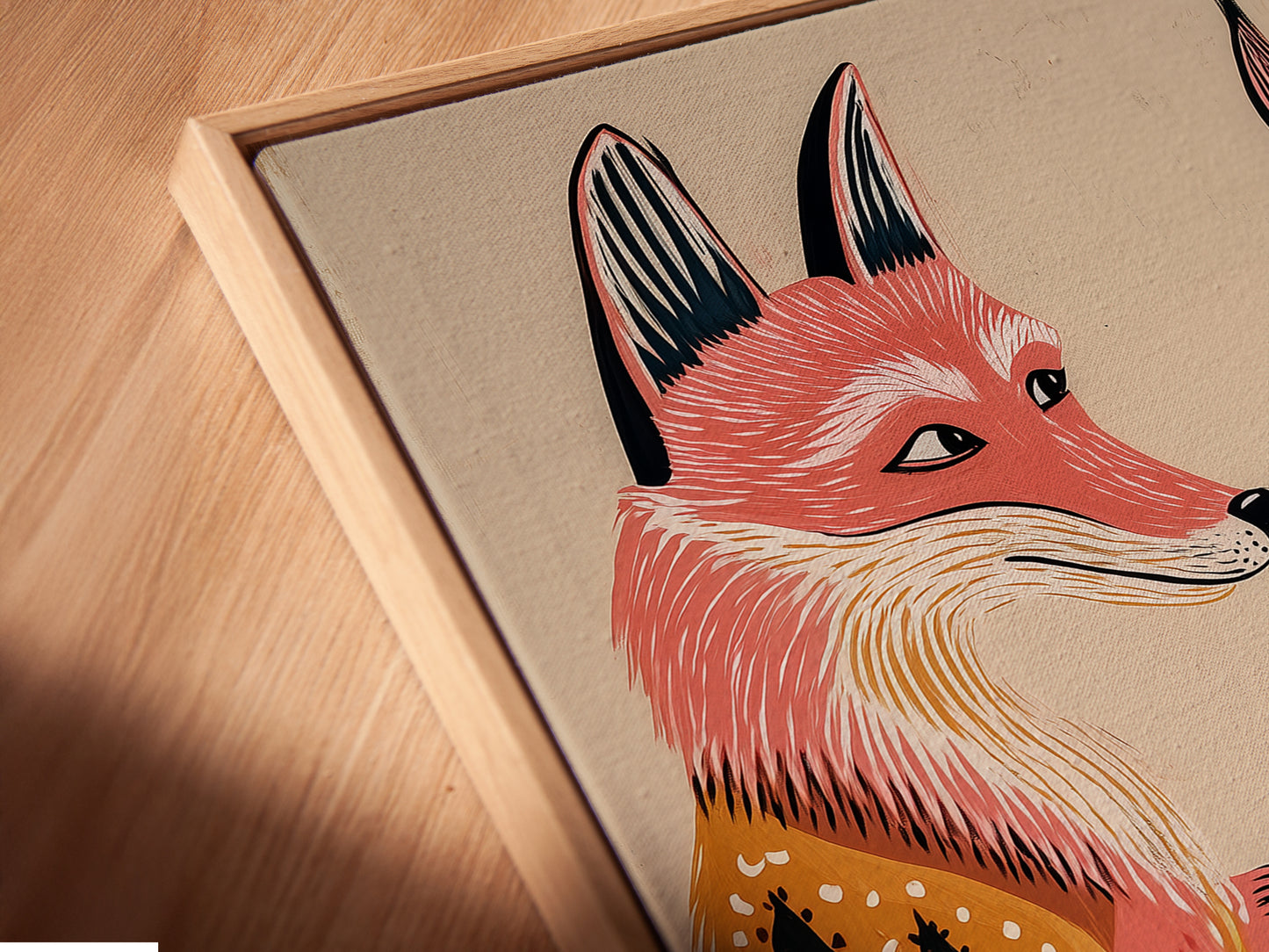 A close-up angled view of the canvas print in a floating frame. The fox chess game artwork is highlighted. This modern framing style enhances the artwork's visual appeal. It adds depth to your wall decor.