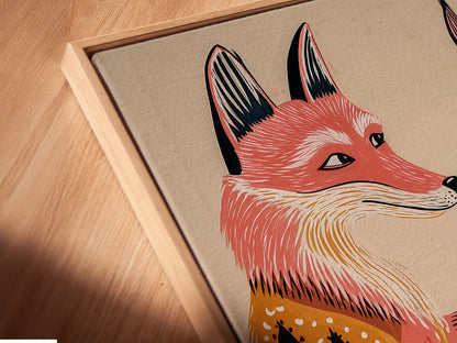 A close-up angled view of the canvas print in a floating frame. The fox chess game artwork is highlighted. This modern framing style enhances the artwork's visual appeal. It adds depth to your wall decor.