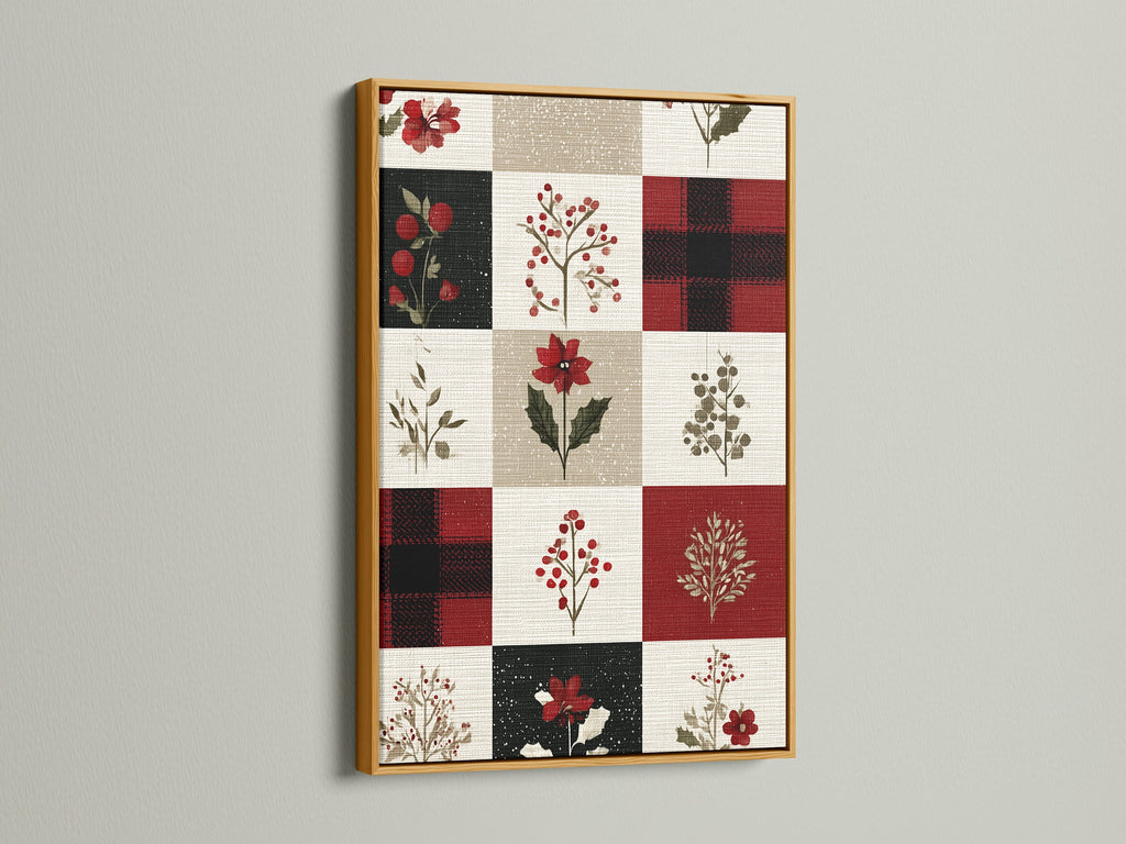 Artwork with a gold frame is displayed on a wall. This framed artwork showcases a grid pattern. Each square within the grid contains unique artwork. The artwork includes floral patterns and plaid artwork. This is a great piece to decorate a space.