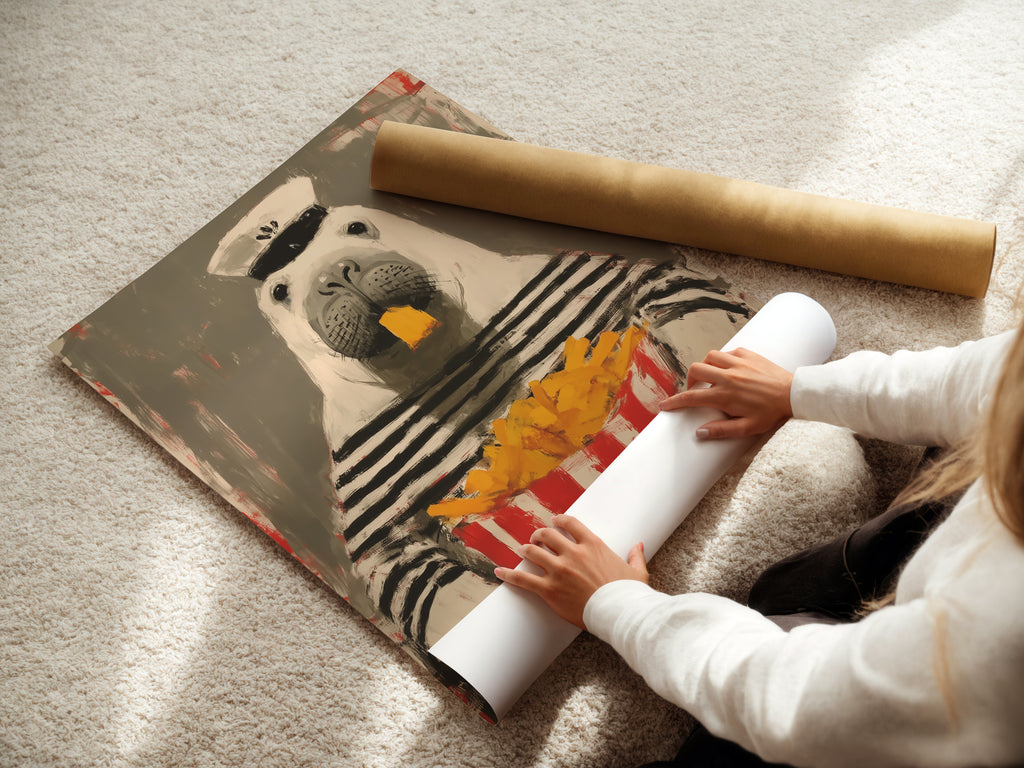 A woman is carefully rolling a fine art poster paper. The sailor walrus artwork is printed on high-quality paper. This ensures vibrant colors and lasting beauty. Perfect for framing or displaying as is.