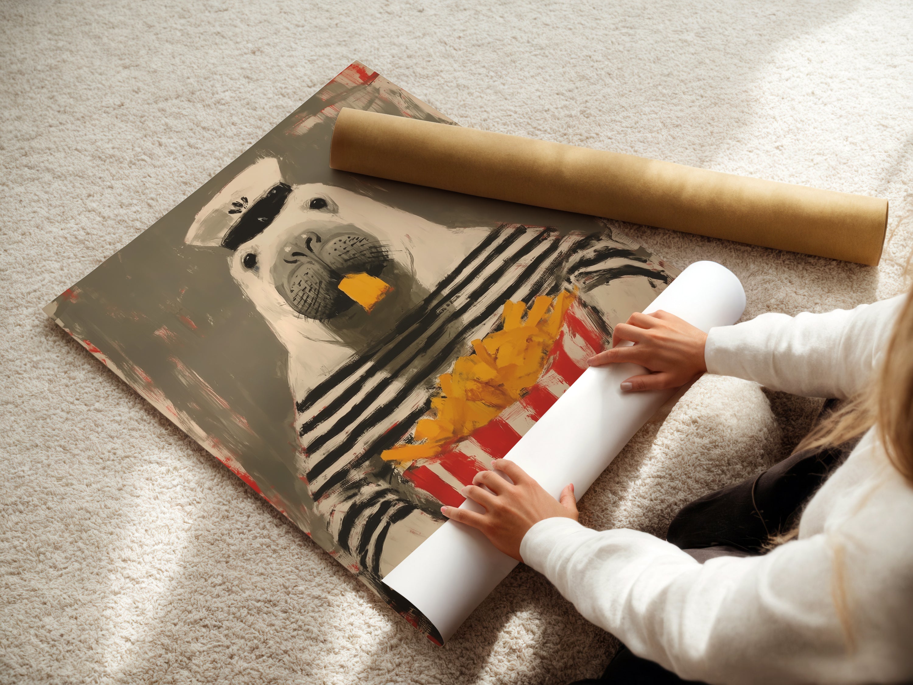A woman is carefully rolling a fine art poster paper. The sailor walrus artwork is printed on high-quality paper. This ensures vibrant colors and lasting beauty. Perfect for framing or displaying as is.