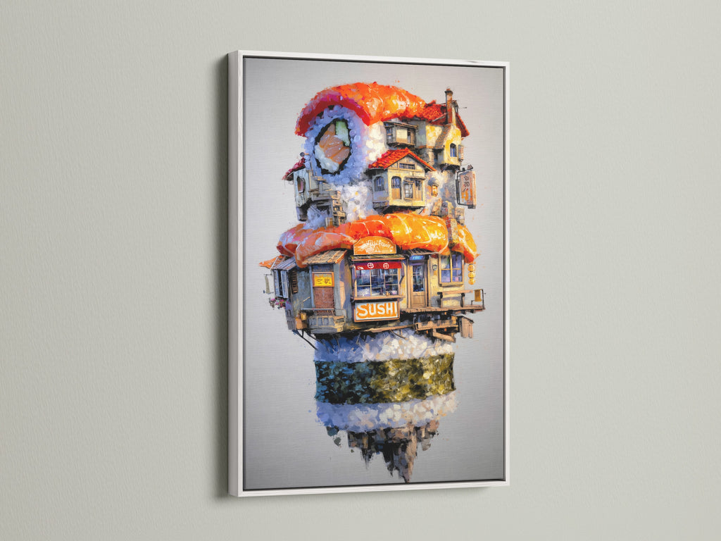 White frame displaying a whimsical Japanese food artwork. It is perfect for adding a modern touch to your kitchen. Explore this food canvas print. It is ideal for cafes and sushi lover gifts.