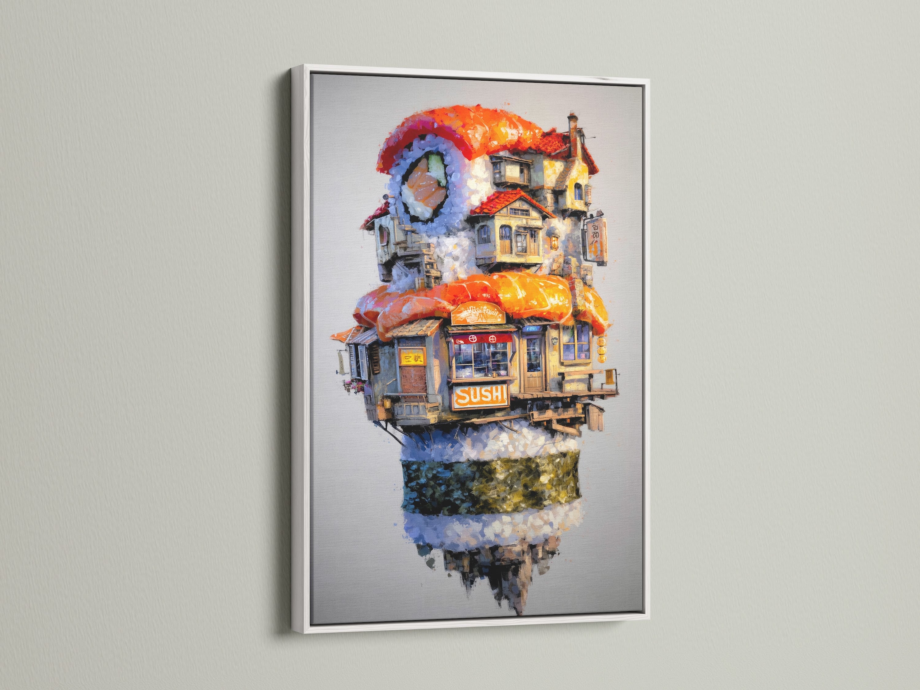 White frame displaying a whimsical Japanese food artwork. It is perfect for adding a modern touch to your kitchen. Explore this food canvas print. It is ideal for cafes and sushi lover gifts.