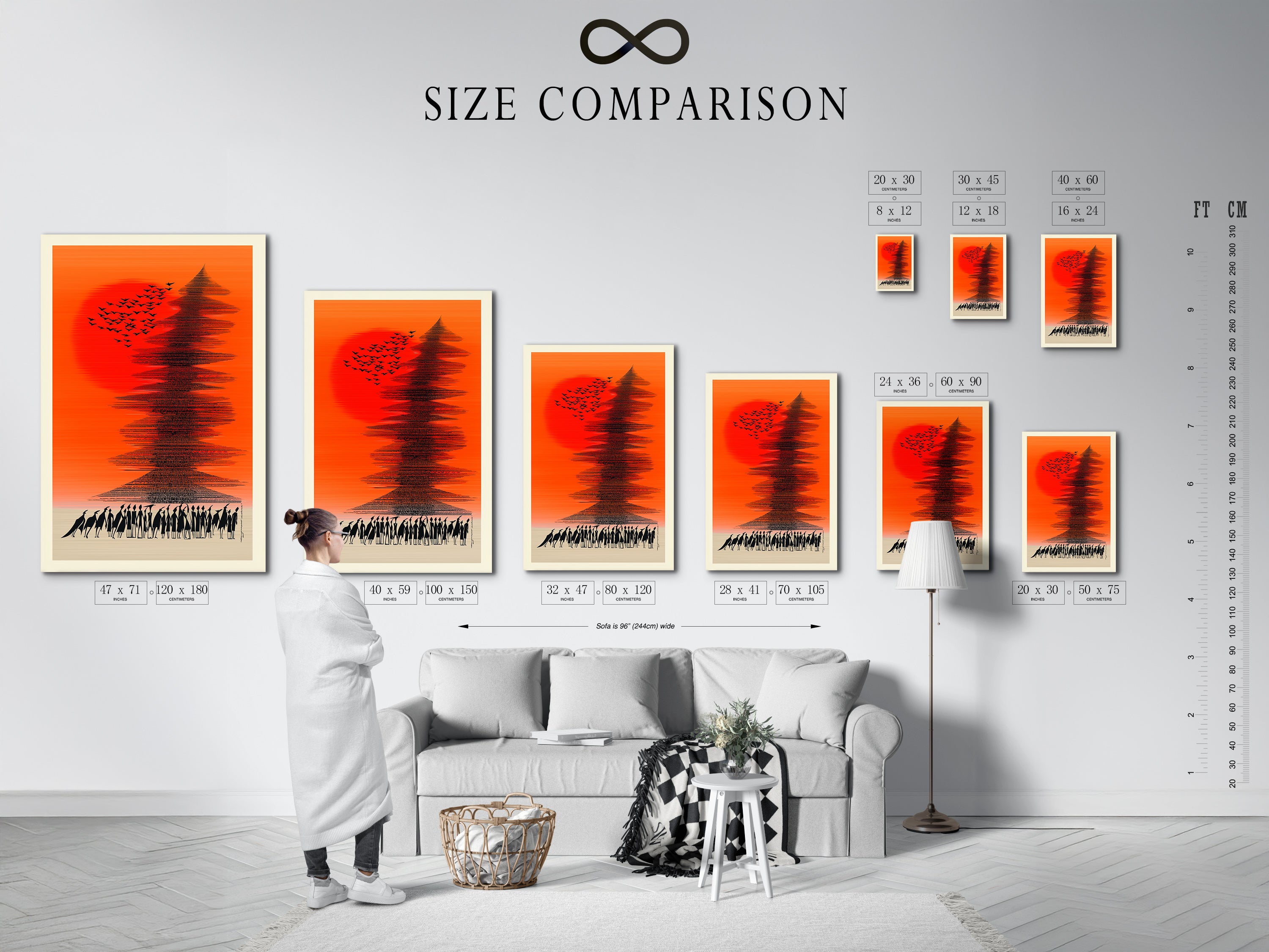 Size comparison chart in an interior setting. Visualize the dimensions of our Abstract Sunset artwork. See how it fits perfectly in your living room bedroom or office. Explore our various sizes to find the perfect fit.