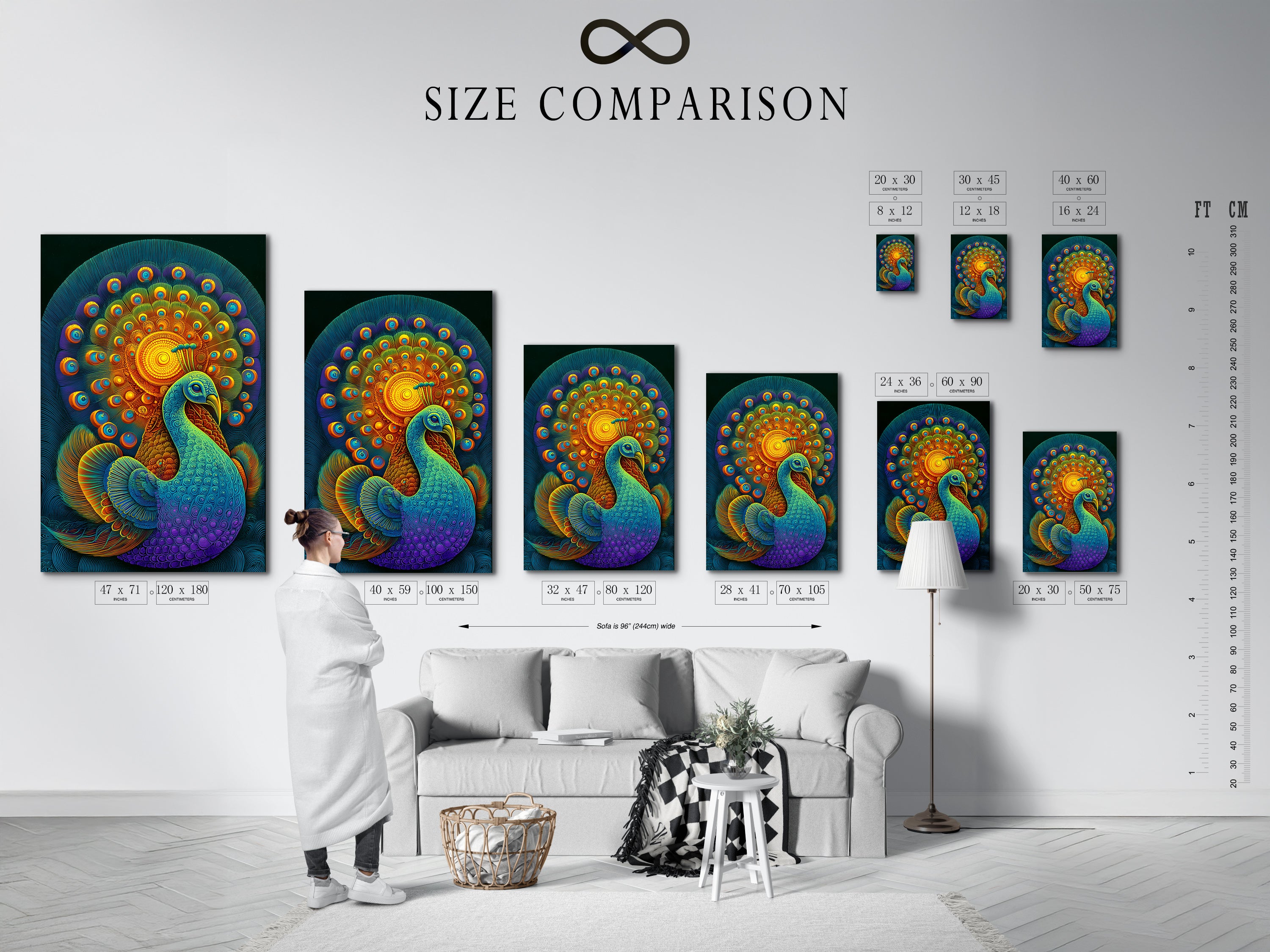 Size comparison chart in an interior setting. Visualize how different sizes of artwork fit in your space. Choose the perfect size for your living room wall art. Find the ideal dimensions for your office wall art. Make your art selection easier.