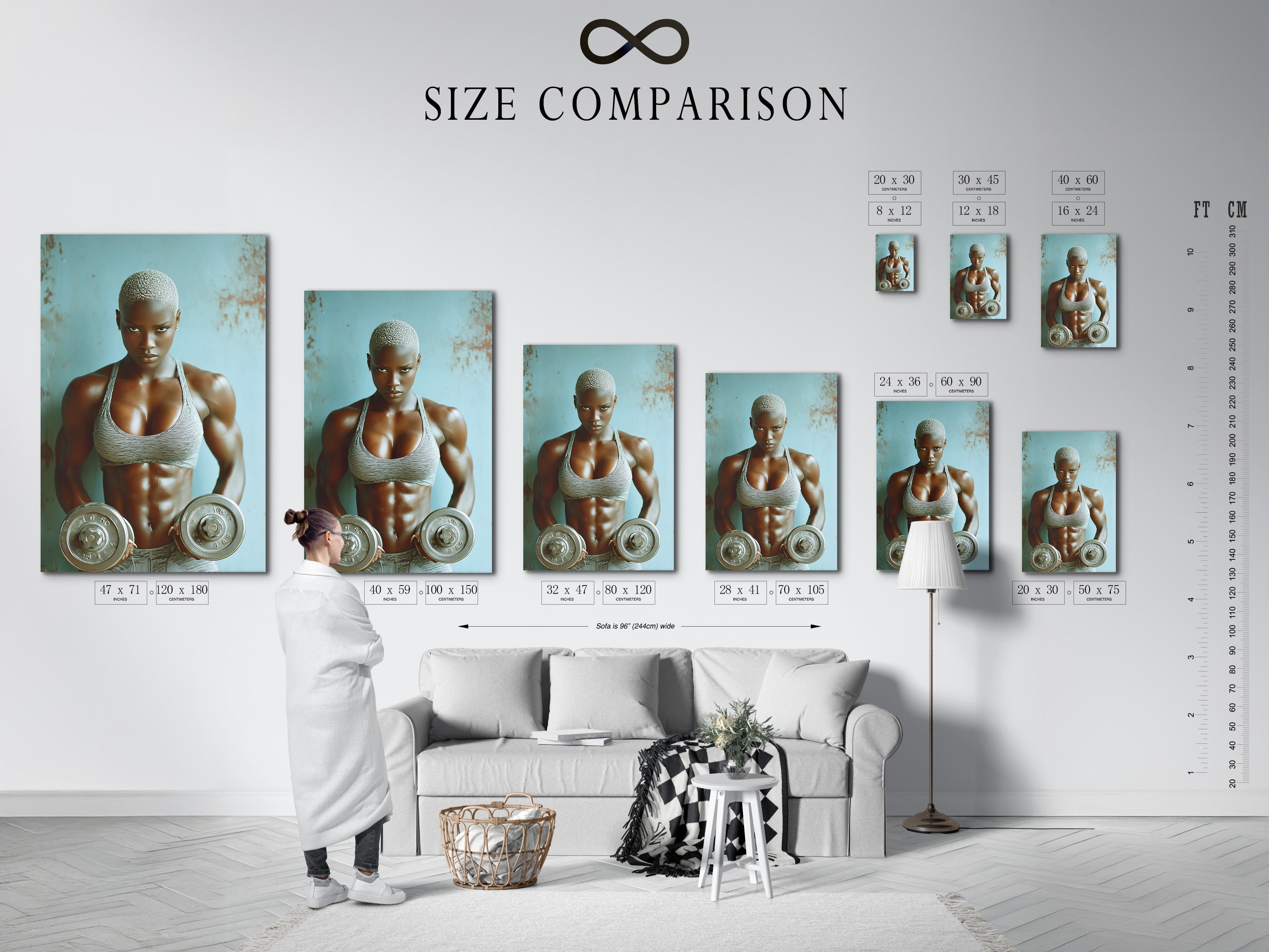 Size comparison chart in an interior setting. This strong woman fitness art can bring gym motivation. Perfect as wall decor for a home gym or workout room. It is weightlifting art with a contemporary style and grey and blue colors.