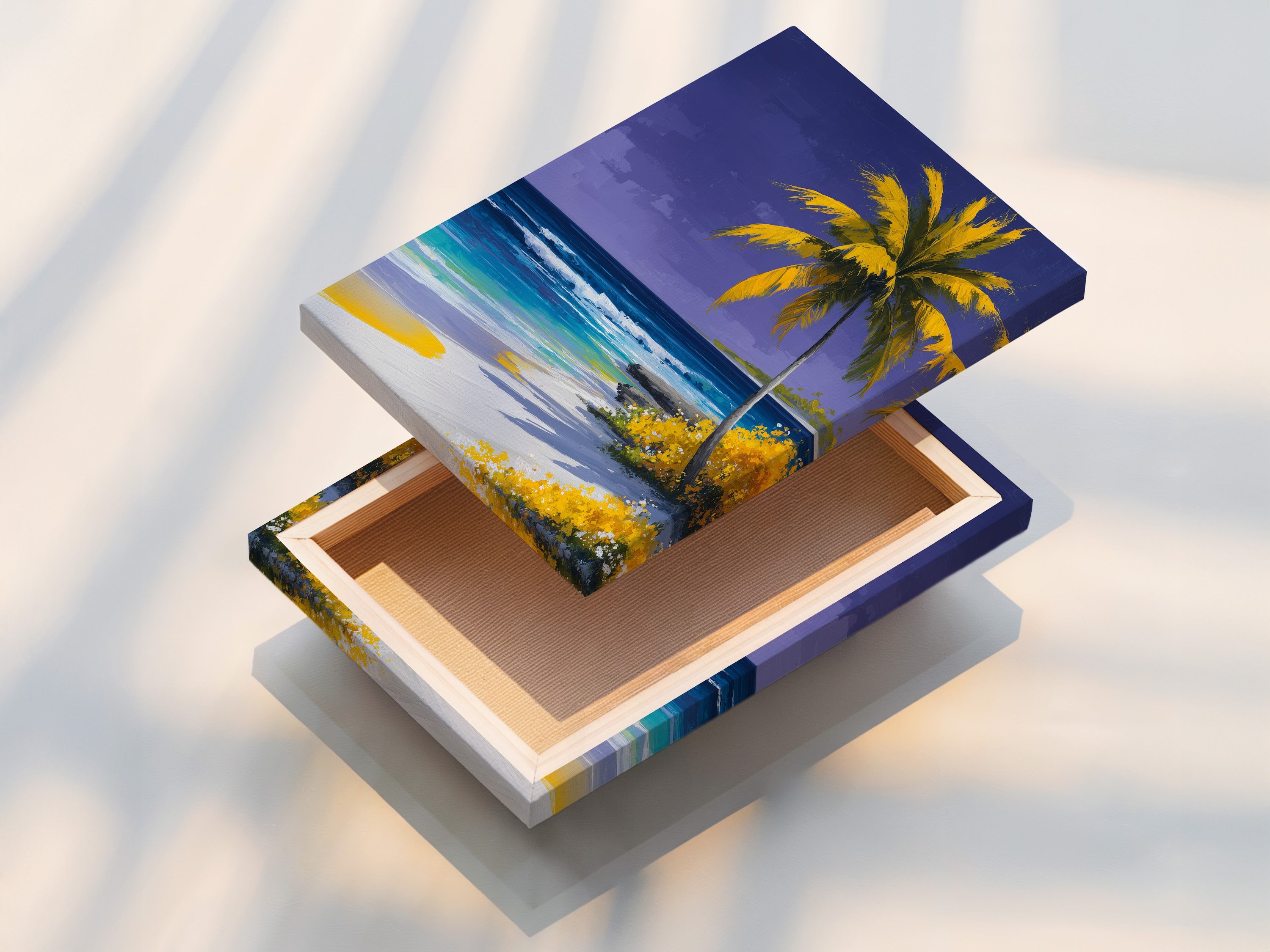 This is a stretched canvas print featuring a tropical beach artwork. The artwork shows palm trees ocean and a coastal paradise. Perfect for living rooms bedrooms and sunrooms. Add a coastal touch today.