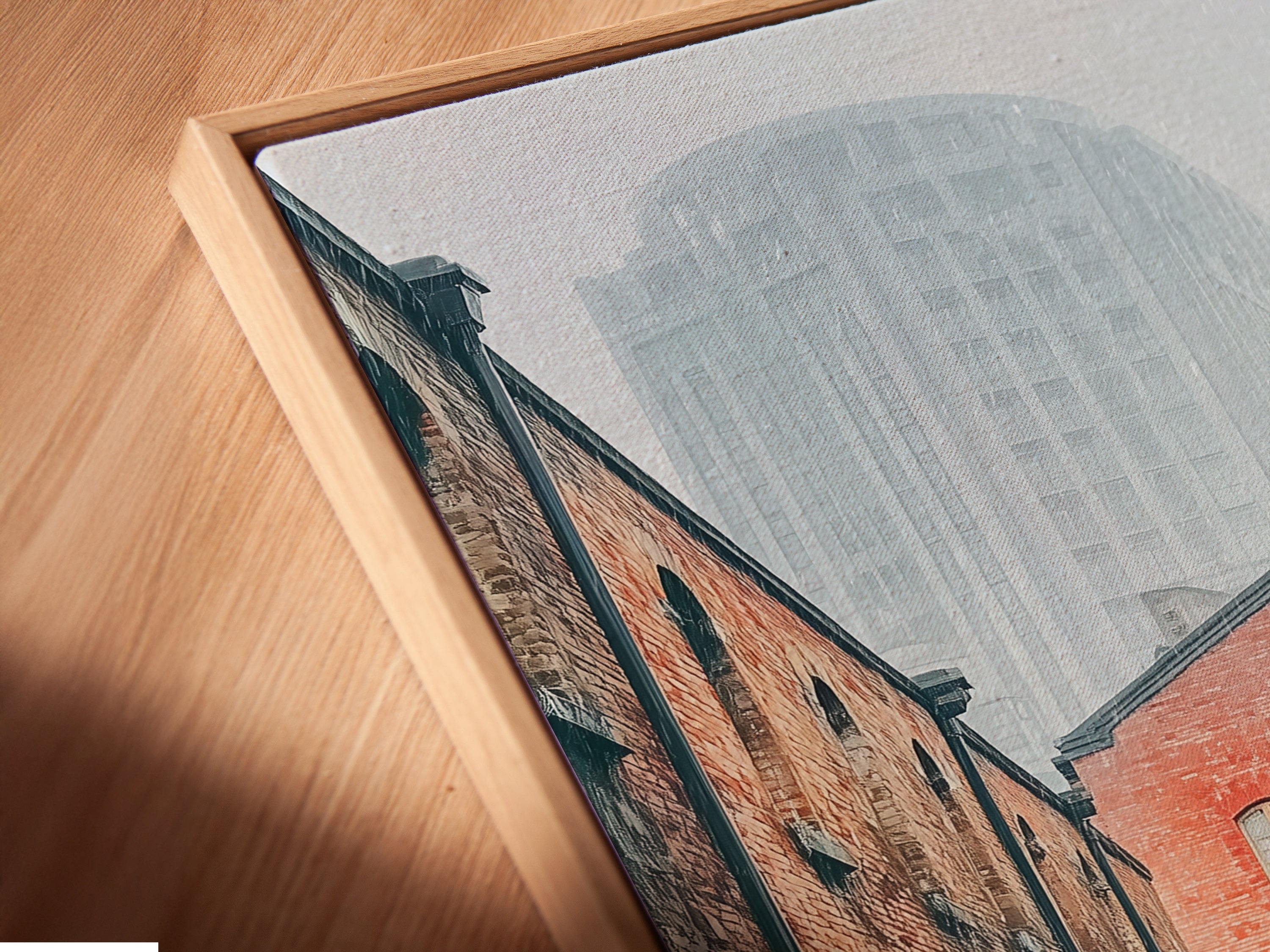 This close-up shows a canvas print in a floating frame. The Brick Building Canvas Print showcases industrial cityscape elements. The urban architecture is perfect for adding a modern touch to your space.