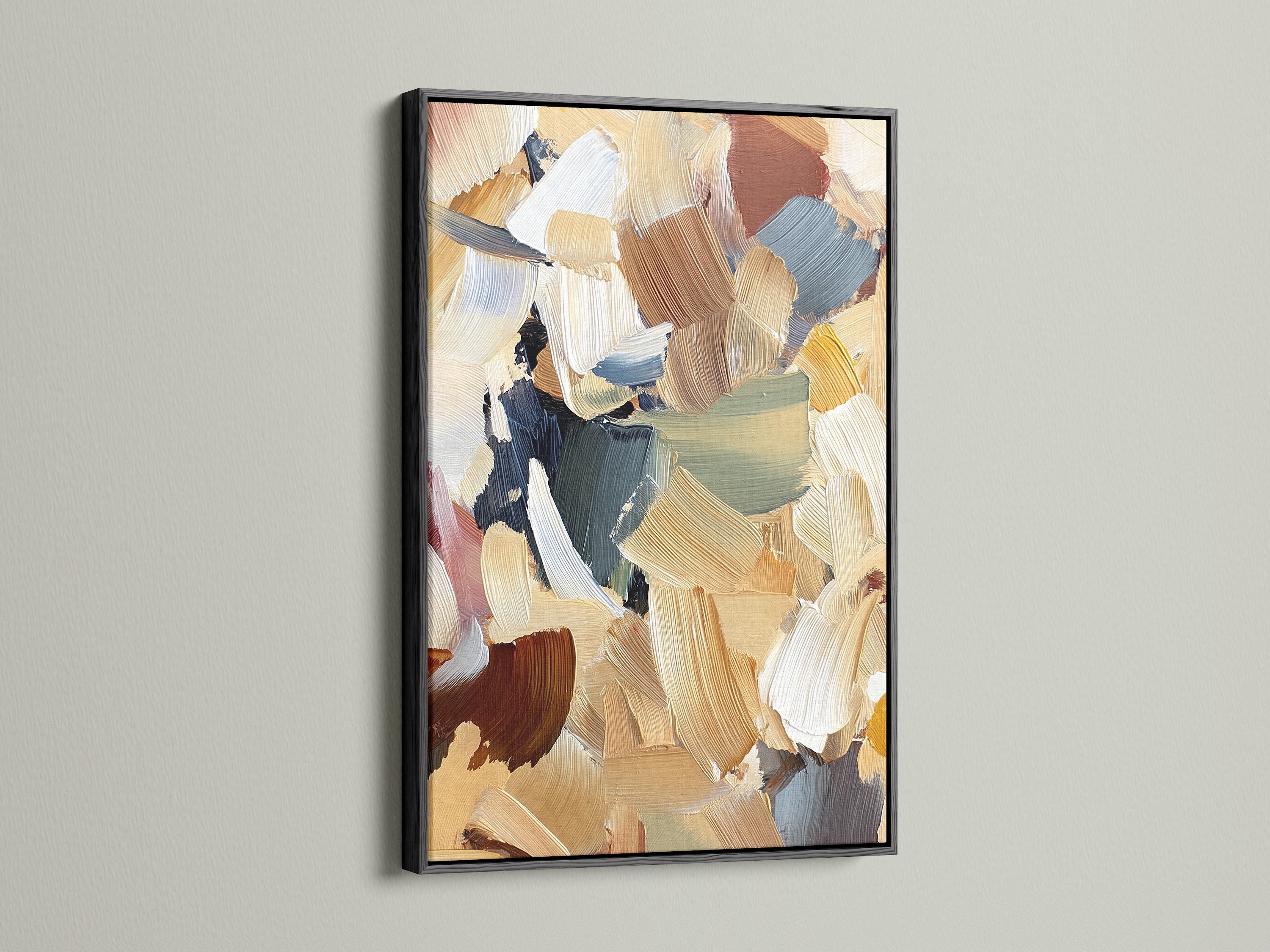 Abstract artwork in a black frame. The artwork shows brushstrokes of beige brown blue and green. The frame is a sleek black. Make a statement with black framed art. View our selection of art prints in black frames.