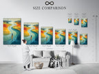 View a size comparison chart in an interior setting. This helps you visualize artwork dimensions. Choose the perfect size for your space. See how art fits in a room. This ensures a perfect fit for your needs.