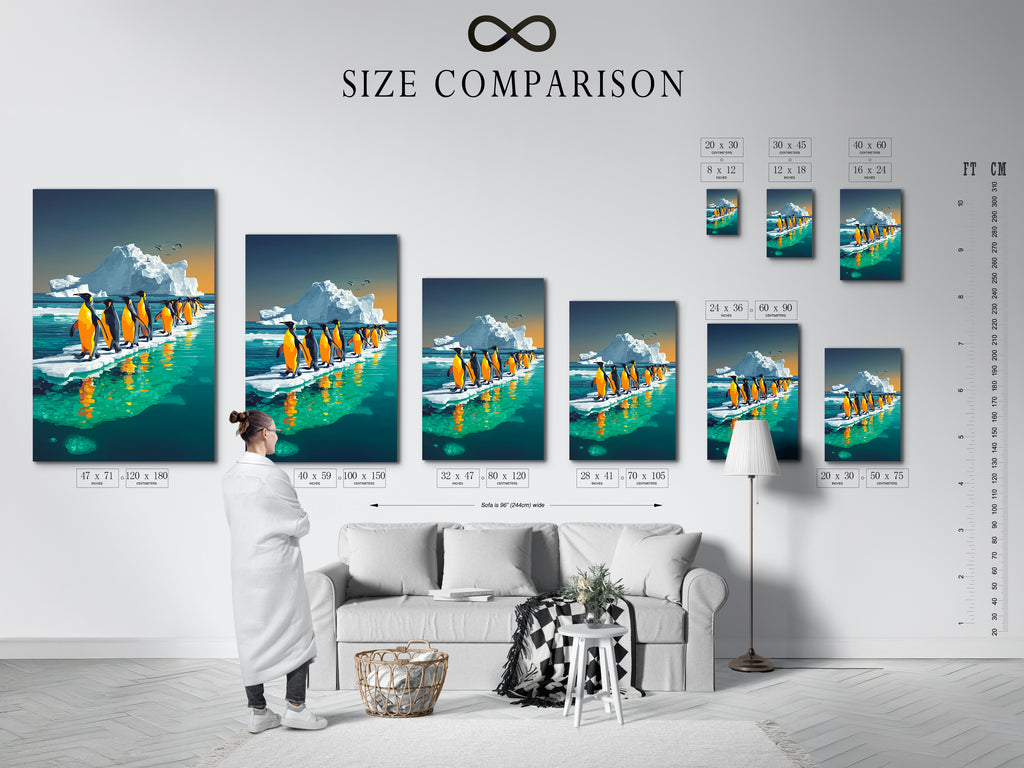 A size comparison chart in an interior setting. The penguin arctic canvas print is available in various sizes. This iceberg wildlife wall art can fit any space. Choose the perfect size for your bedroom wall decor or kids room art. This art suits contemporary style