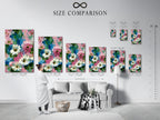 A size comparison chart displayed in an interior setting. See how the floral canvas print would look in various dimensions. The pink and blue flower wall art will enhance your space. Impressionist botanical artwork is perfect for any room. Ideal for helping you visualize your art. This daisy art print adds a spring touch. Abstract flowers bring garden charm indoors.